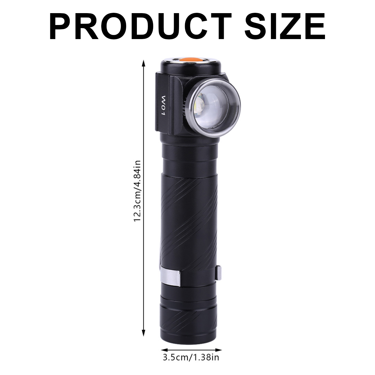 Eine schwarze Winkeltaschenlampe mit 12,3 cm Höhe und 3,5 cm Breite vor weißem Hintergrund.