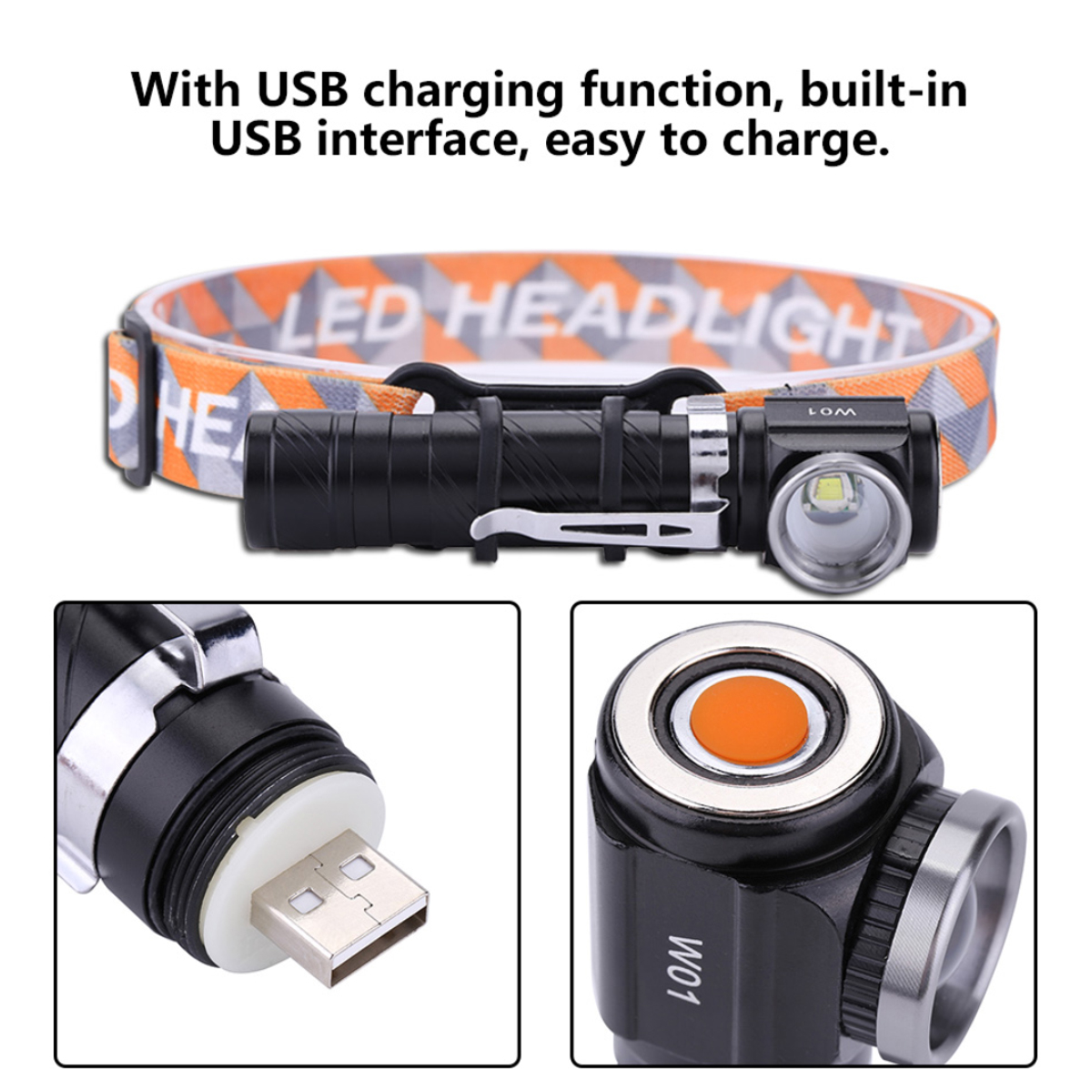 Eine schwarze LED-Stirnlampe mit orangefarbenem Band, integriertem USB-Ladeanschluss und orangem Einschaltknopf.