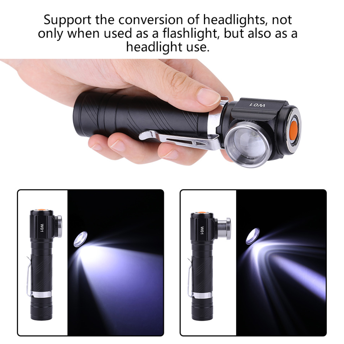 Hand hält eine schwarze Taschenlampe, unten zeigt das helle Licht im Dunkeln.