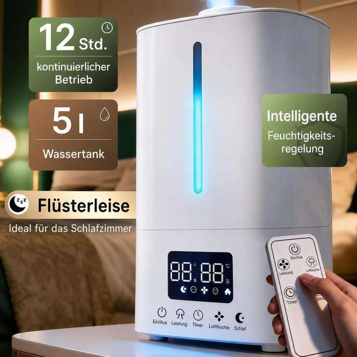 Ein weißer Luftbefeuchter mit Digitaldisplay, blauer Wasserstandsanzeige und Fernbedienung.