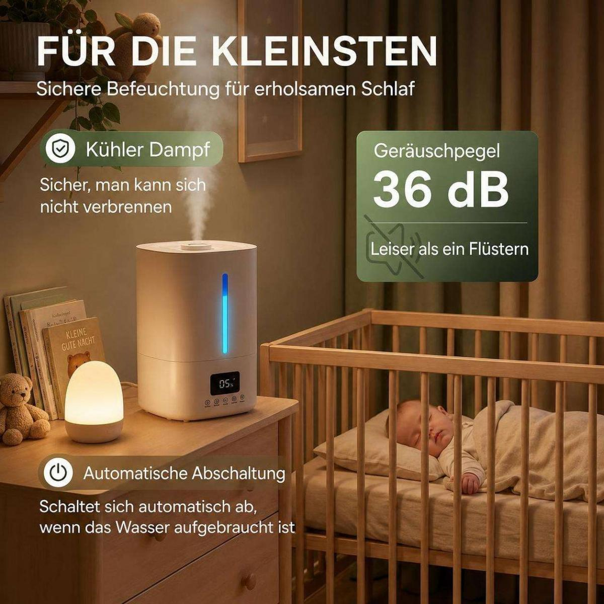 Ein Baby schläft friedlich im Gitterbett neben einem Luftbefeuchter und Nachtlicht auf einer Kommode.