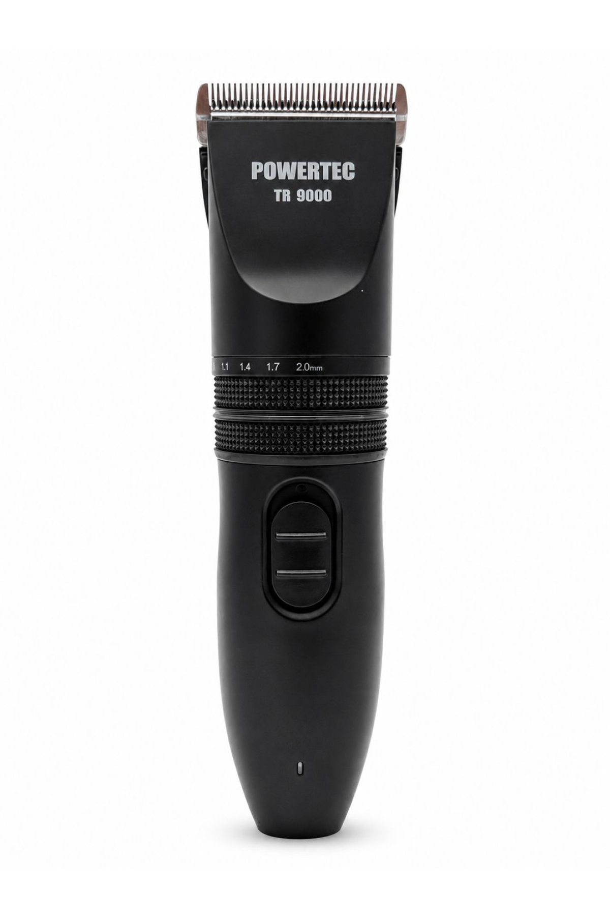 Beyaz arka planda beyaz yazılı ve gümüş bıçaklı siyah Powertec TR 9000 saç kesme makinesi.