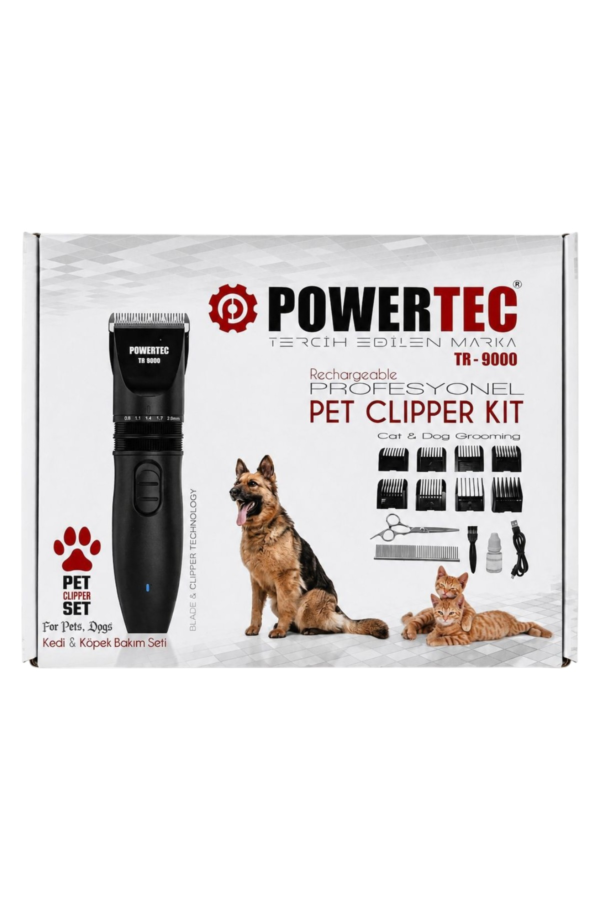 Powertec TR-9000 evcil hayvan tıraş makinesi kutusu, Alman kurdu, kediler ve aksesuarlarıyla.