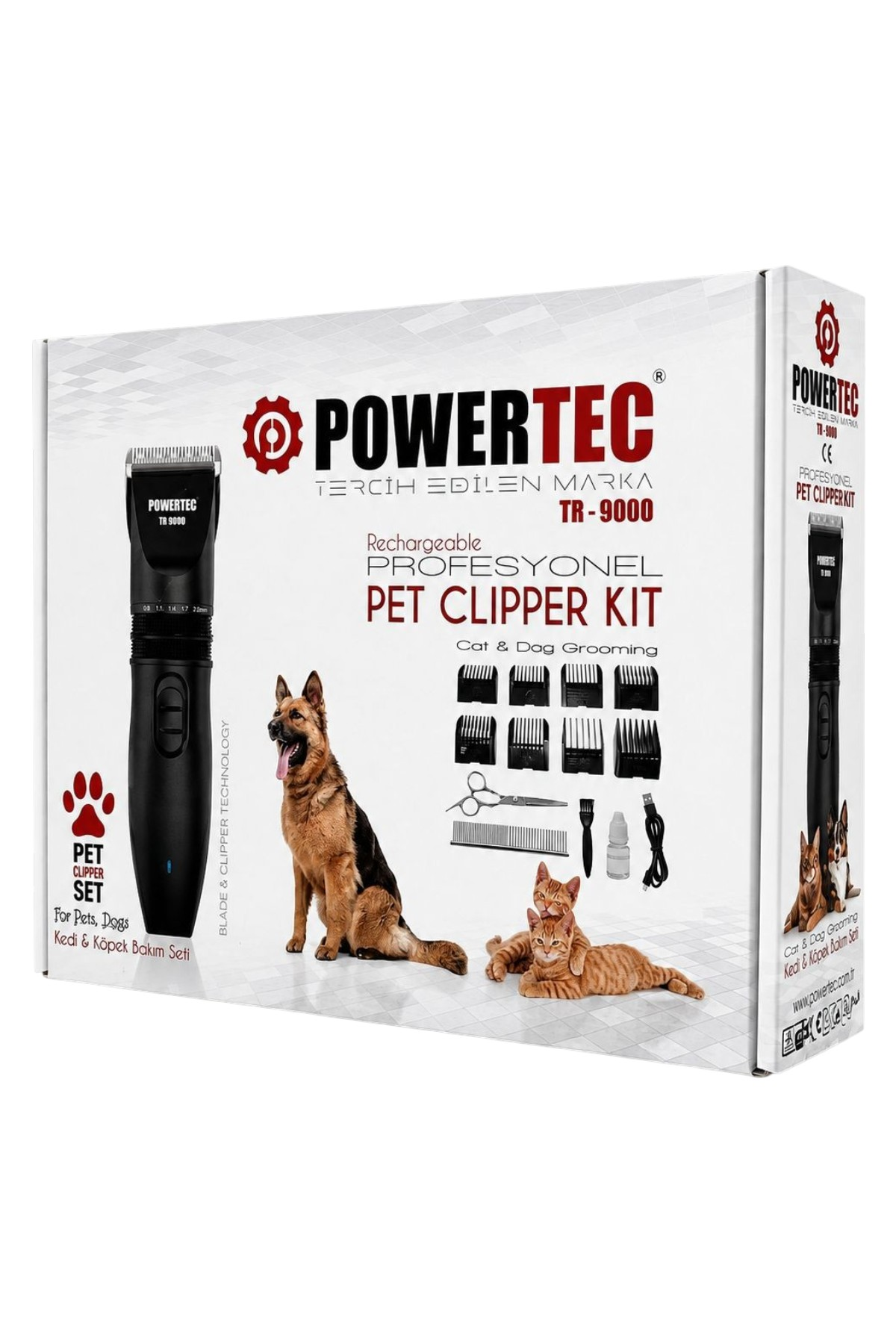 Powertec TR-9000 şarjlı evcil hayvan tıraş makinesi seti kutusu, üzerinde tıraş makinesi, Alman kurdu ve kediler.