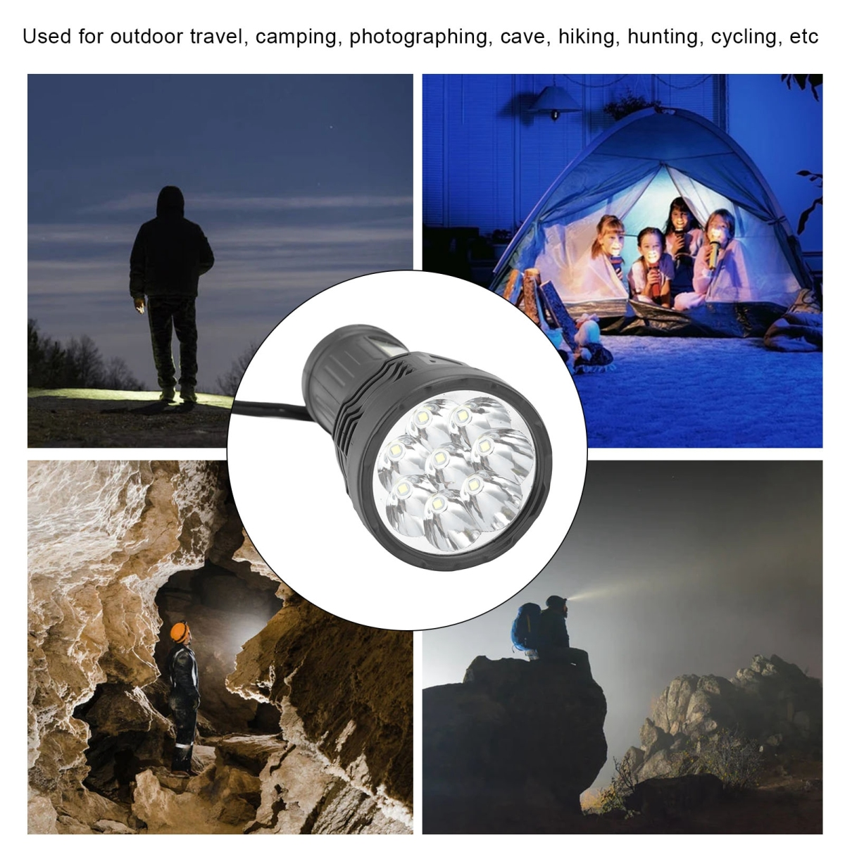 Eine Kopflampe und verschiedene Einsatzszenarien wie Camping, Höhlenforschung und Outdoor-Aktivitäten.