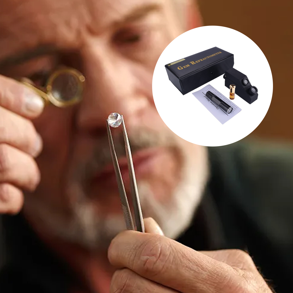 Ein Juwelier untersucht mit einer Pinzette einen Edelstein, während ein Refraktometer-Set eingeblendet ist.