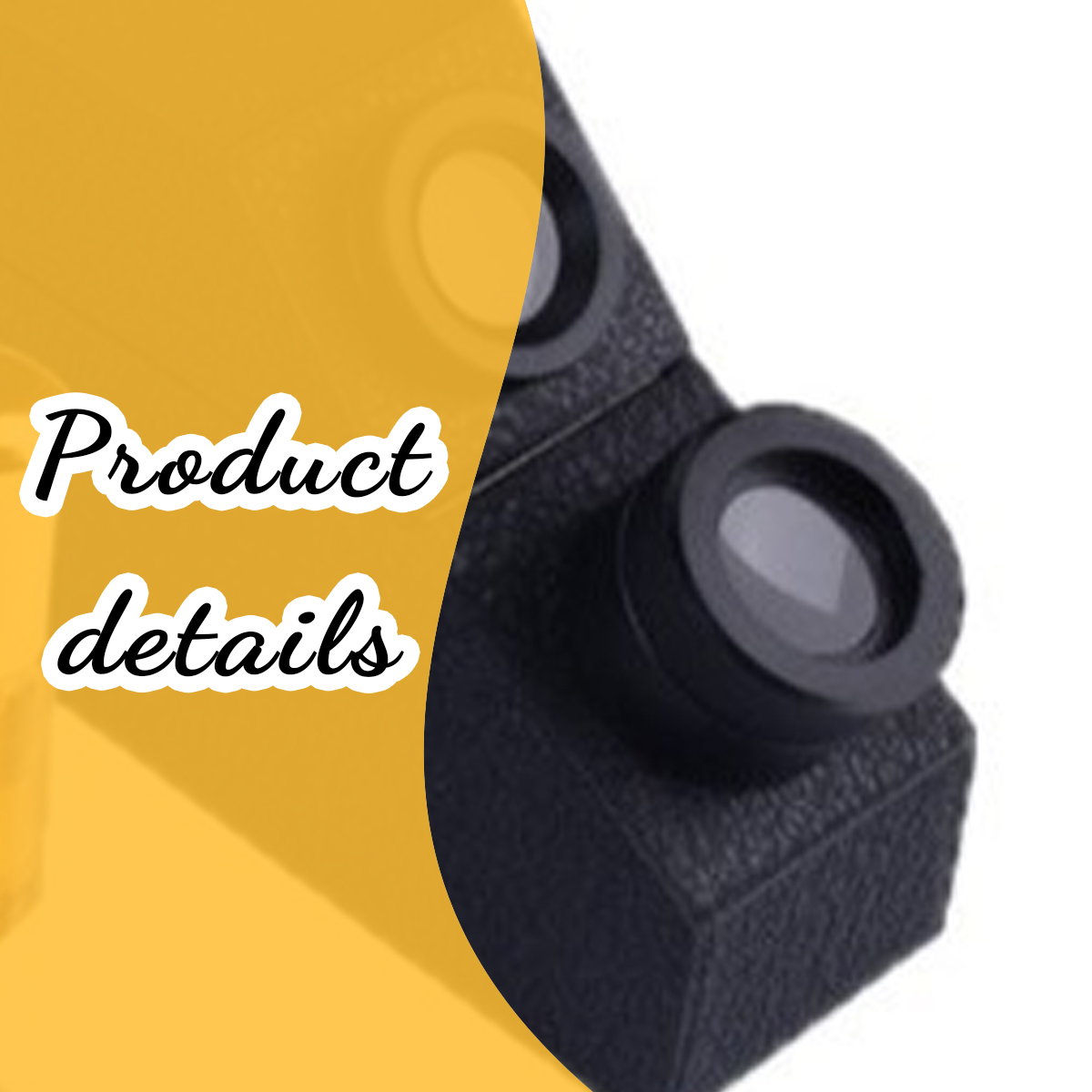 Schwarzes Fernglas mit großen Objektiven auf weißem und gelbem Hintergrund, links der Text Product details.