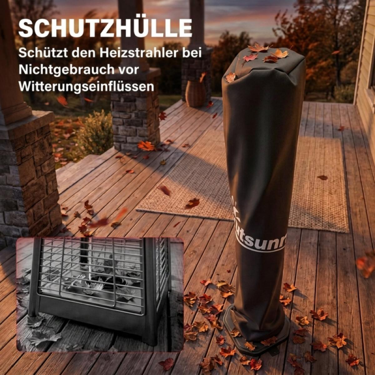 Eine schwarze Schutzhülle für Heizstrahler steht auf einer Holzdämmerung mit herbstlichen Blättern.