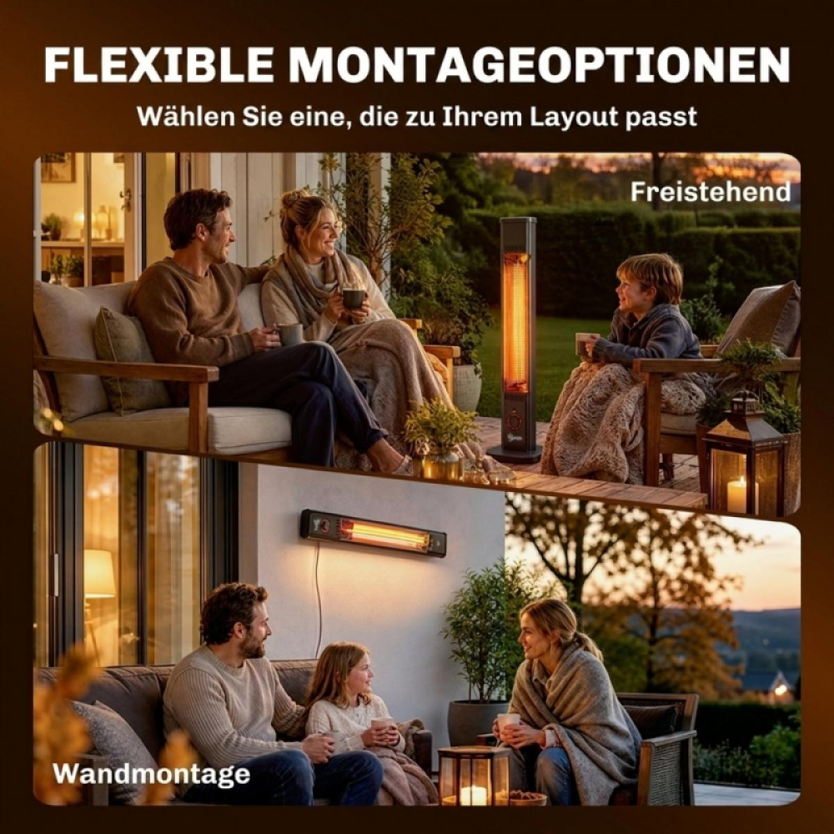 Eine Familie sitzt auf der Terrasse und entspannt sich bei Sonnenuntergang neben einem Infrarotstrahler.