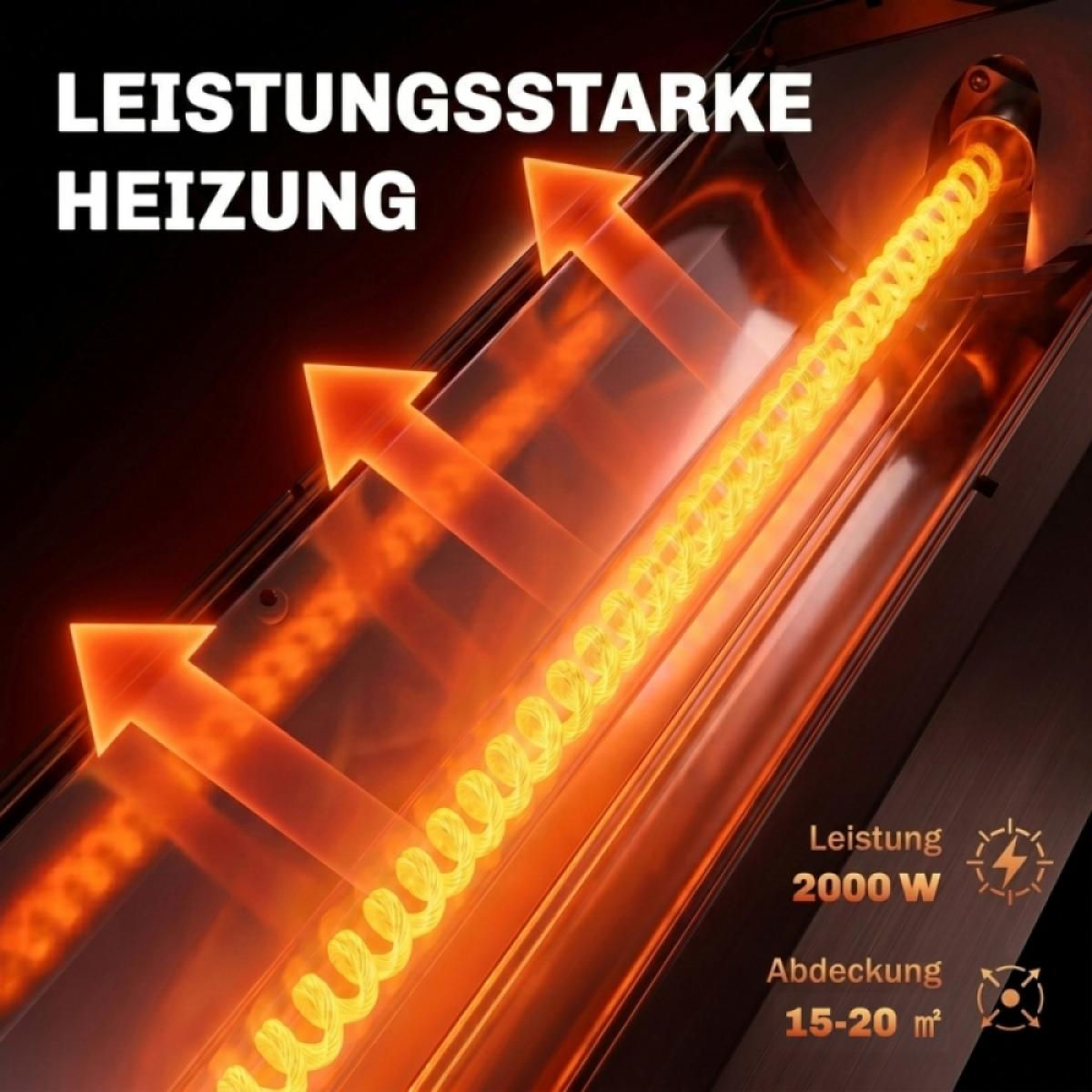 Leuchtendes orangefarbenes Heizelement mit nach oben gerichteten Pfeilen und Text für 2000 W Leistung und 15-20 m² Abdeckung.