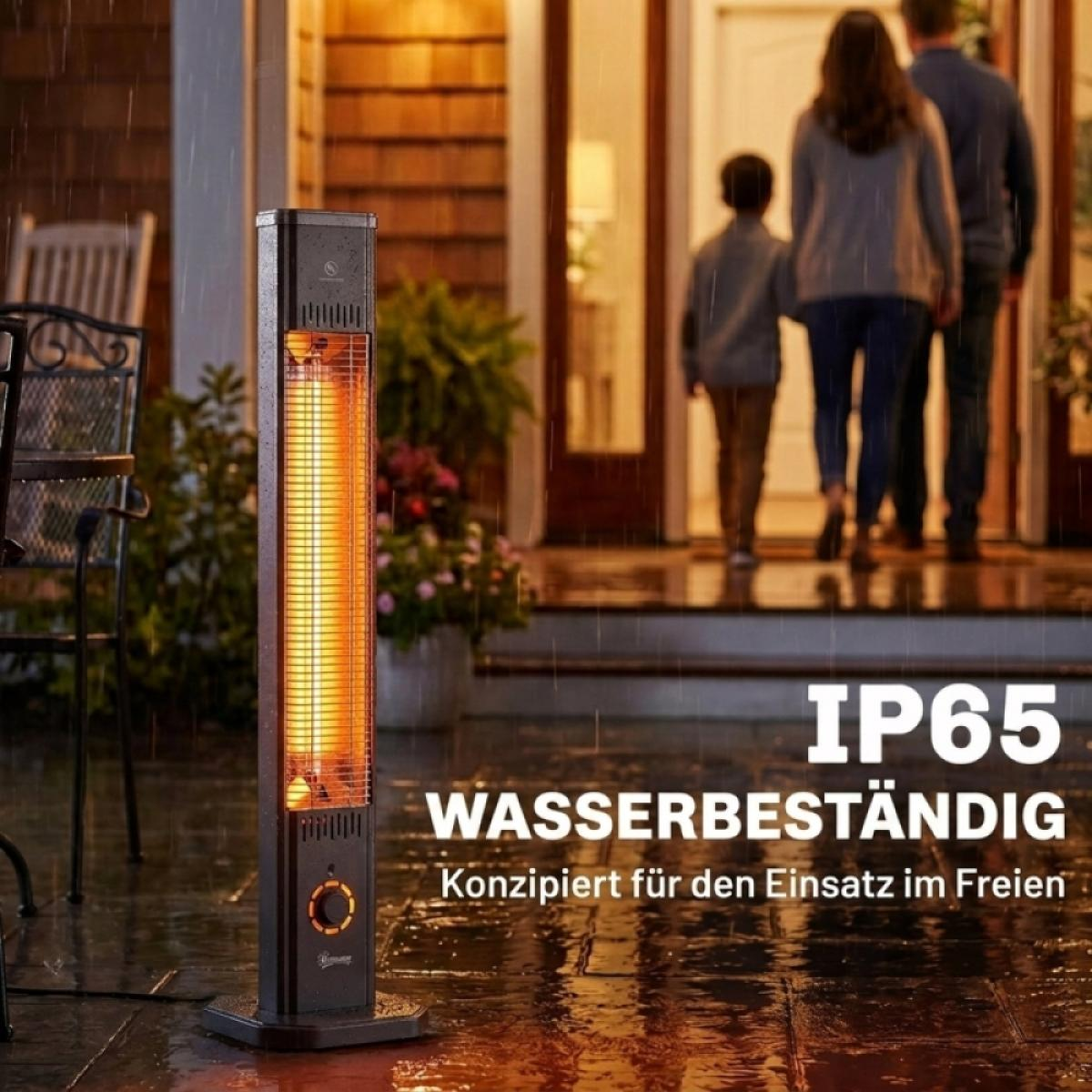 Ein beleuchteter Terrassenheizer steht im Regen auf einer Terrasse, während eine Familie ins Haus geht.