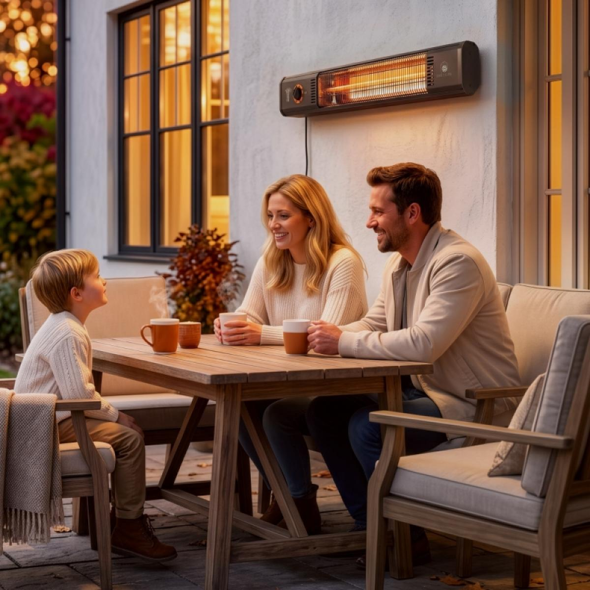 Eine Familie sitzt abends auf der Terrasse an einem Holztisch, an der Wand hängt ein elektrischer Heizstrahler.