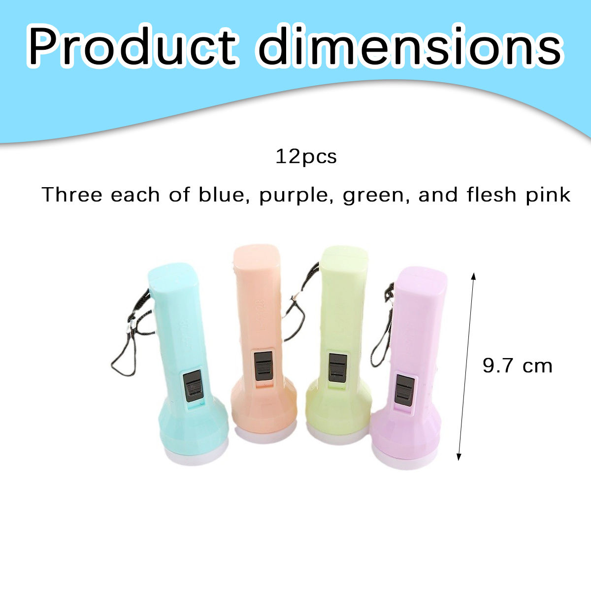 Vier Pastell-Taschenlampen in Blau, Rosa, Grün und Lila, je 9,7 cm groß, vor weißem Hintergrund.