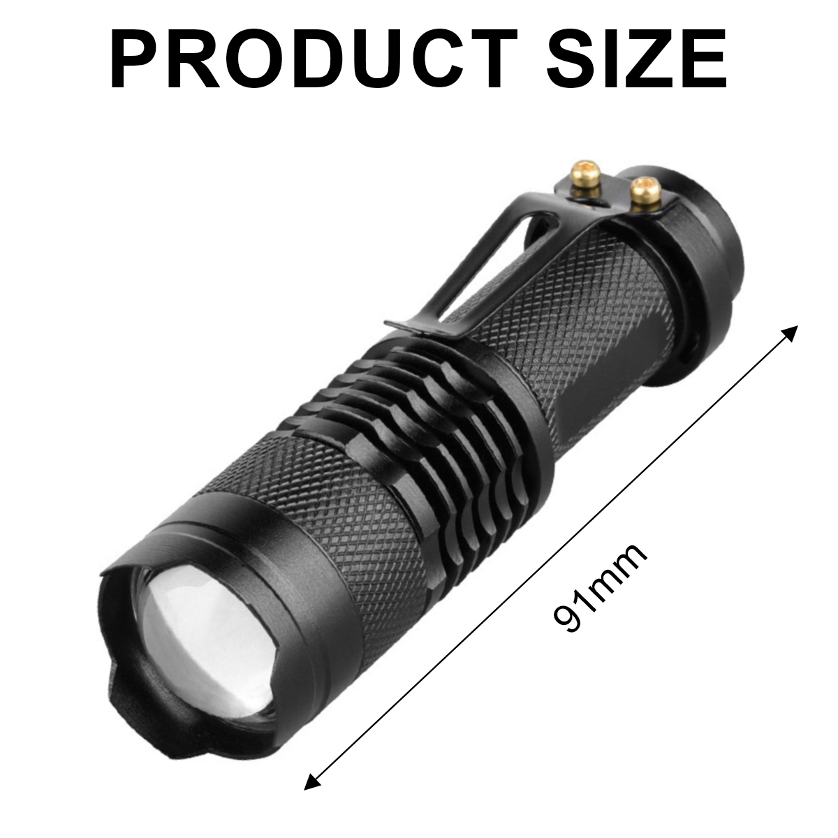 Schwarze Taschenlampe mit Clip, 91 mm lang, Text "PRODUCT SIZE" oben.