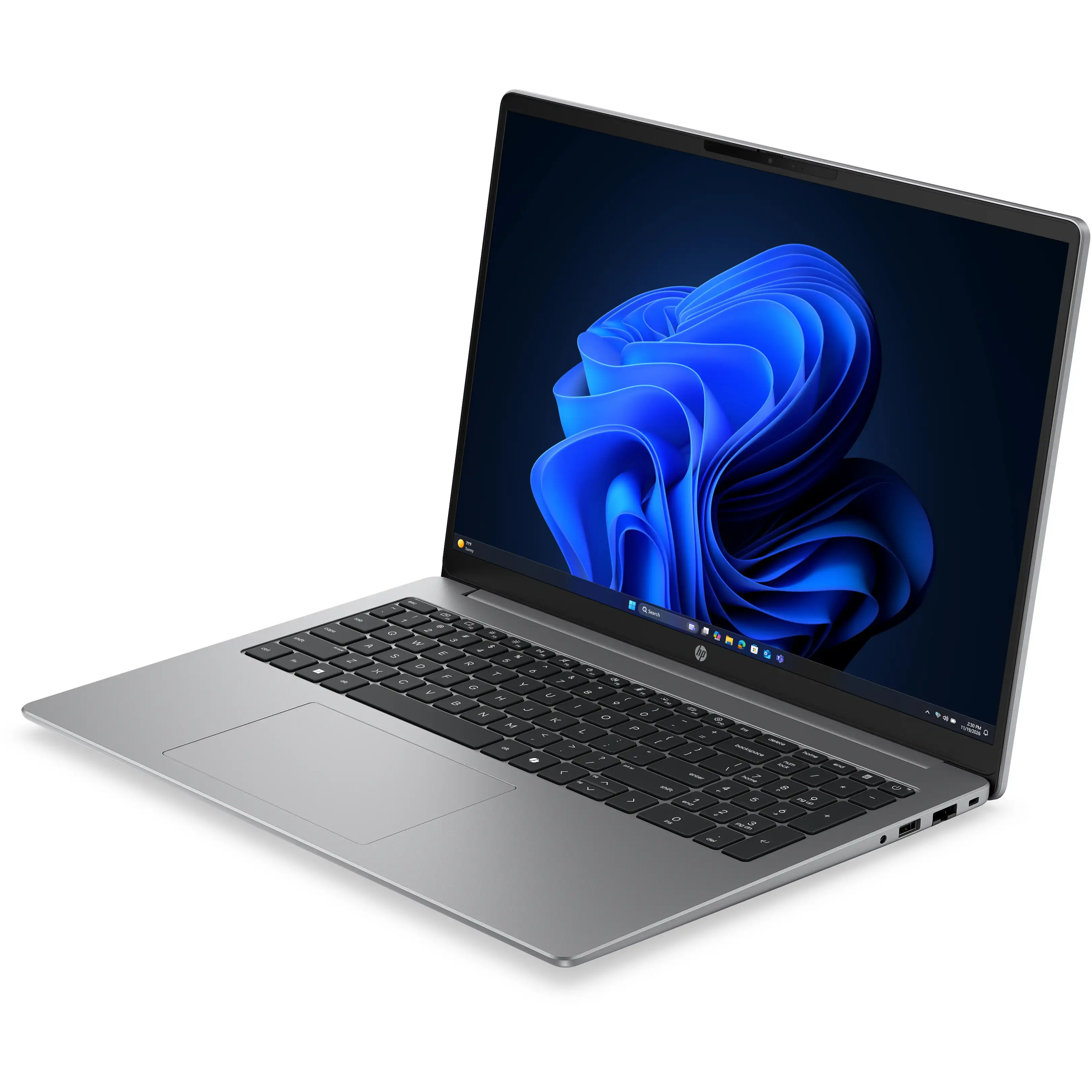 Un computer portatile argentato è aperto su una superficie bianca, mostrando un vibrante sfondo astratto blu.