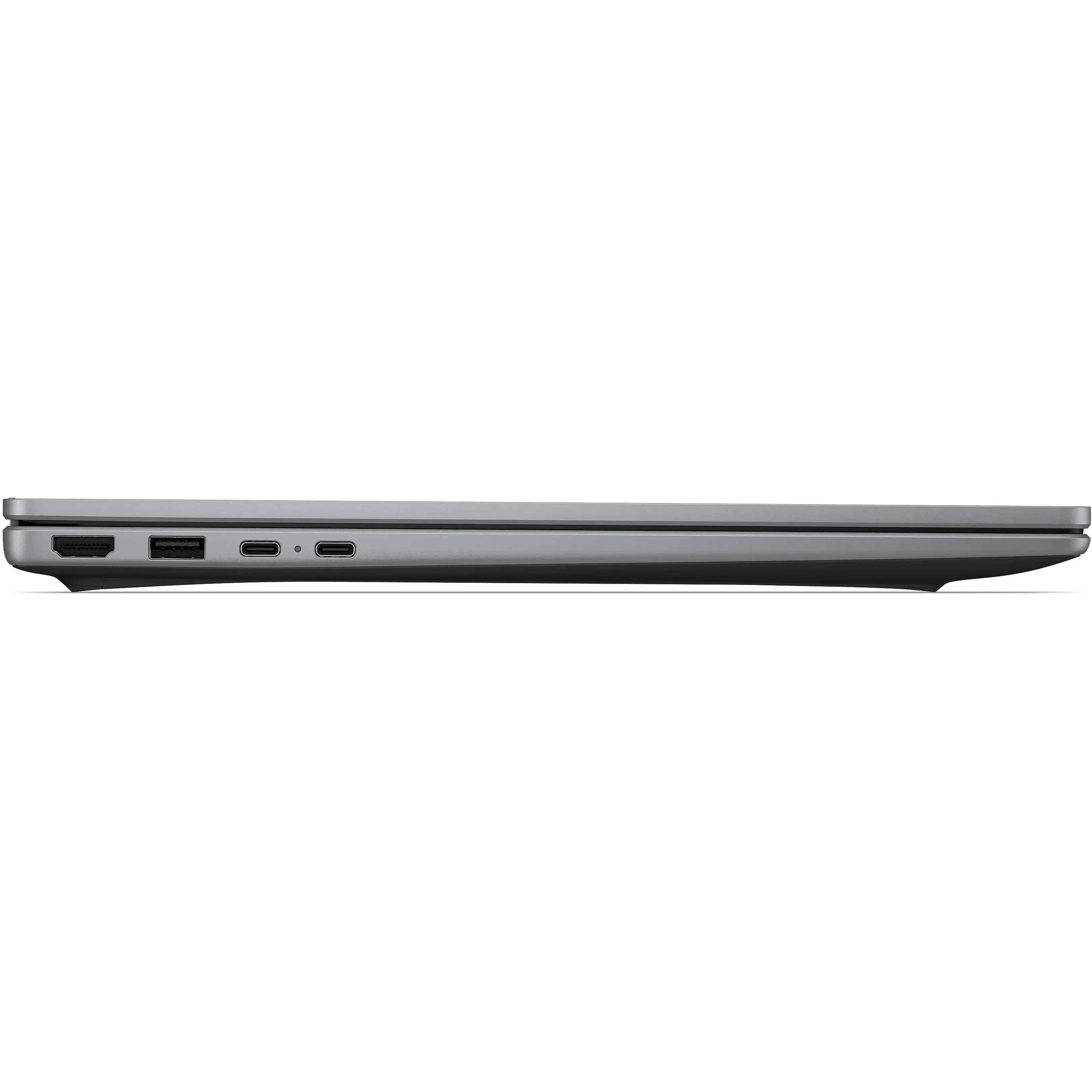 Vista laterale di un laptop grigio chiuso con porte HDMI, USB e USB-C su sfondo nero.