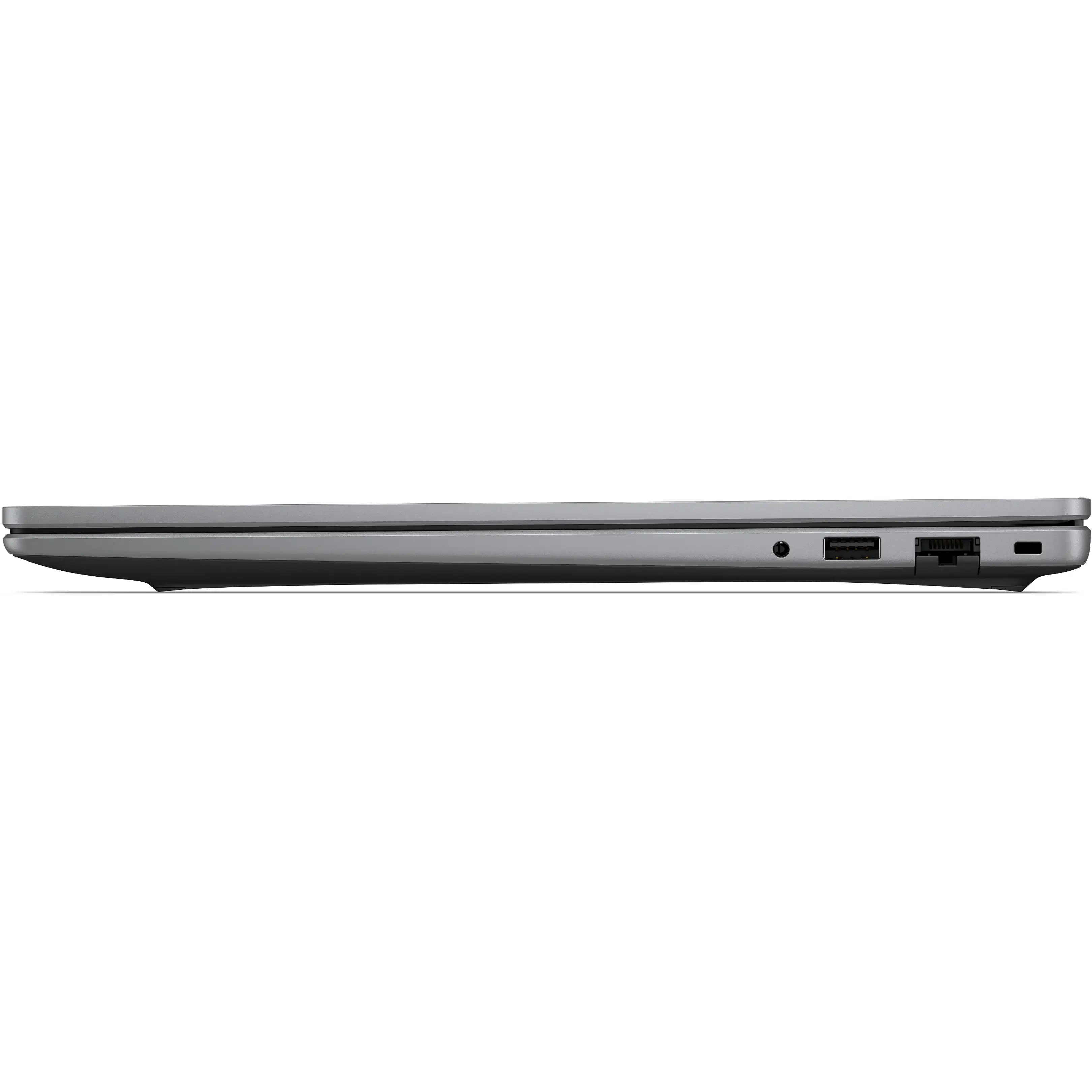 Vista laterale di un laptop grigio chiuso su sfondo nero con porte visibili.