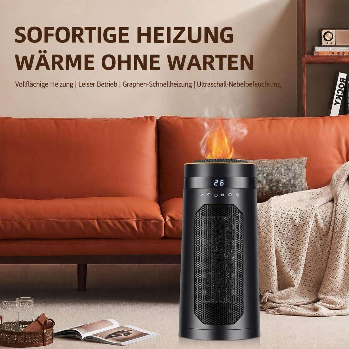 Ein schwarzer Heizlüfter mit digitaler Anzeige und Flammen-Effekt steht vor einem orangefarbenen Sofa.