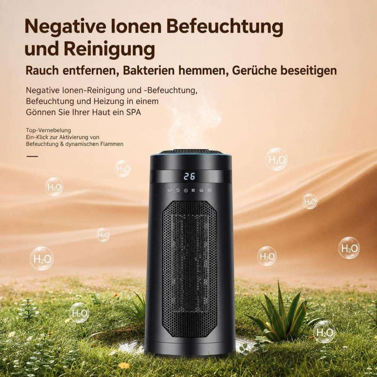 Ein schwarzer Luftbefeuchter steht auf Wiese, umgeben von H2O-Symbolen und deutschem Werbetext.