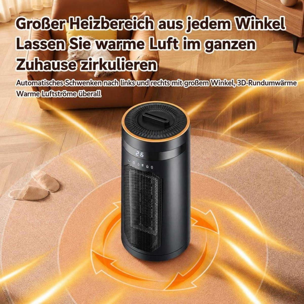 Ein schwarzer zylindrischer Heizlüfter steht auf einem runden Teppich mit orangen Wärmepfeilen.