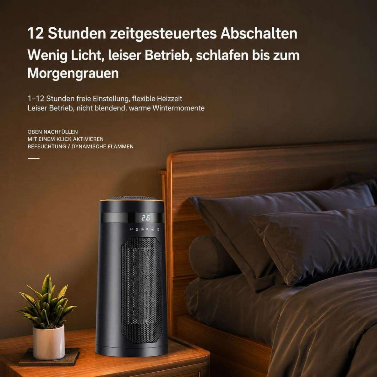 Ein schwarzer Turmheizer steht auf einem Holznachttisch in einem Schlafzimmer neben einem Bett und einer kleinen Pflanze.