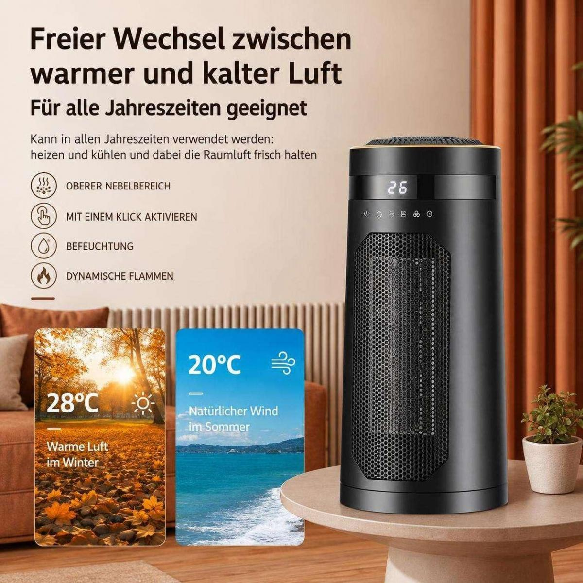 Schwarzer Turmventilator mit Display auf Tisch, umgeben von Text und Produktbildern zu Heizung und Kühlung.