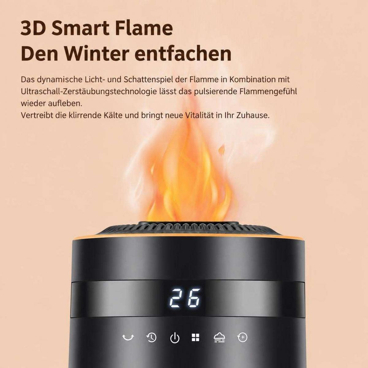 Ein schwarzes Gerät mit digitalem Display zeigt 26, oben mit orangem 3D-Flammeneffekt vor warmem Hintergrund.