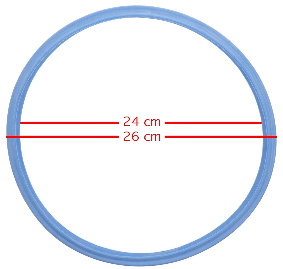 24 cm ve 26 cm çaplarını gösteren kırmızı ölçü çizgilerine sahip açık mavi dairesel conta.