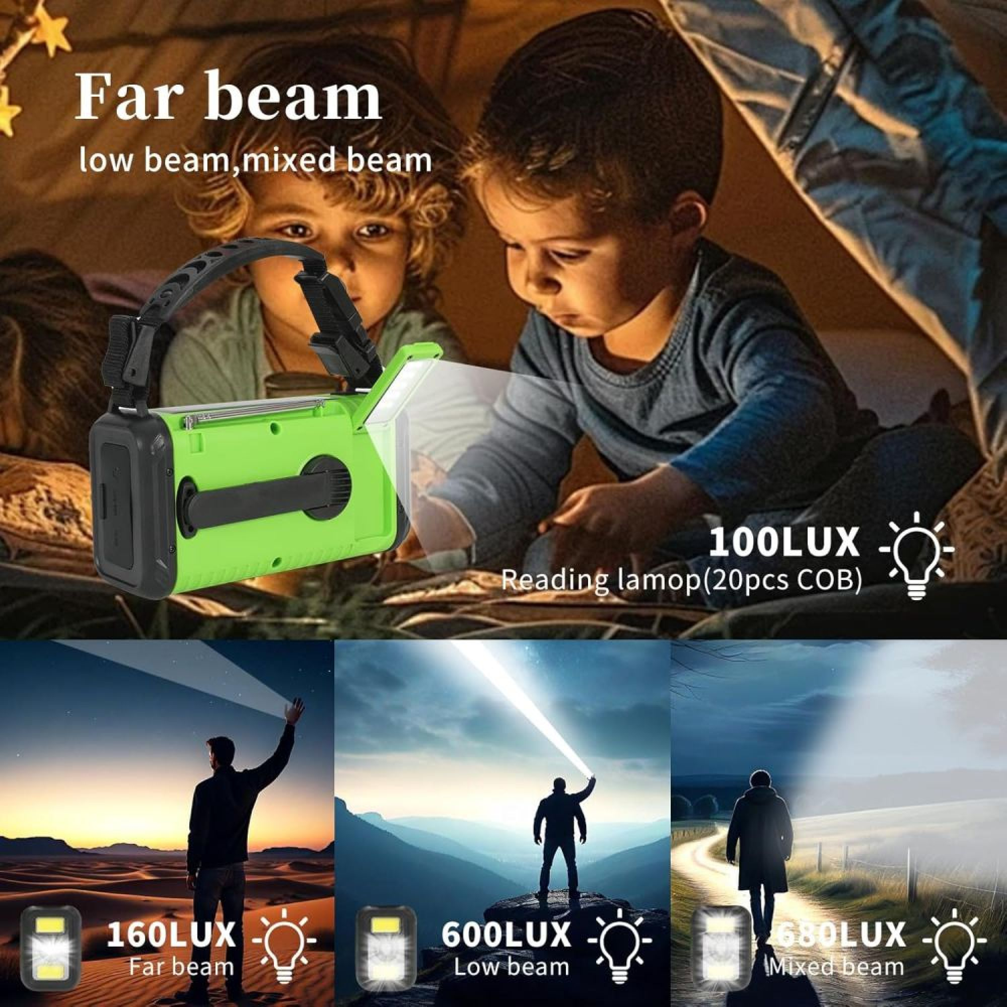 Grüne LED-Campinglampe mit verschiedenen Strahlmodi und Texten für Kinder beim Lesen im Zelt.