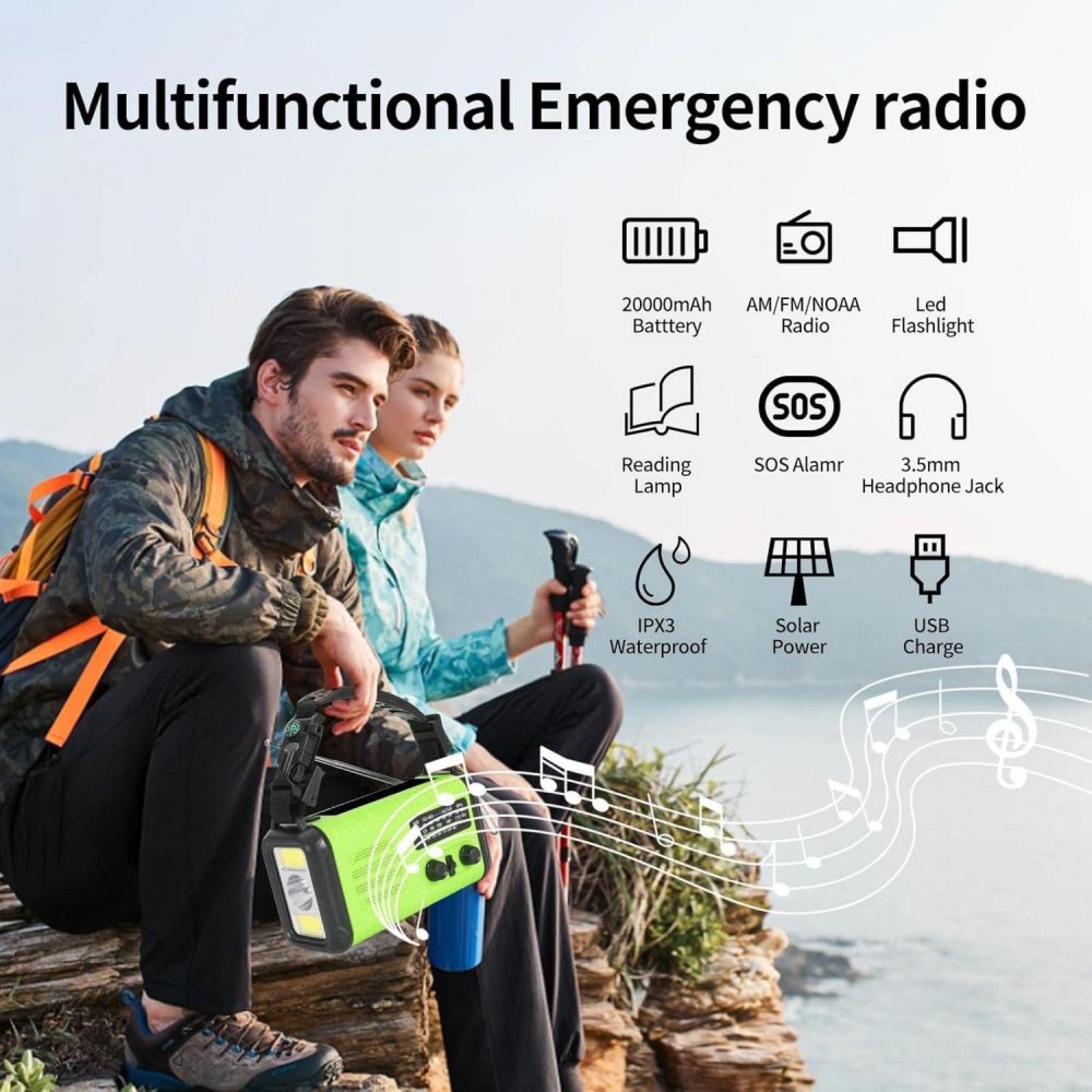 Wanderer im Freien halten ein grünes Notfallradio, mit Symbolen, die seine Funktionen vor Seehintergrund zeigen.