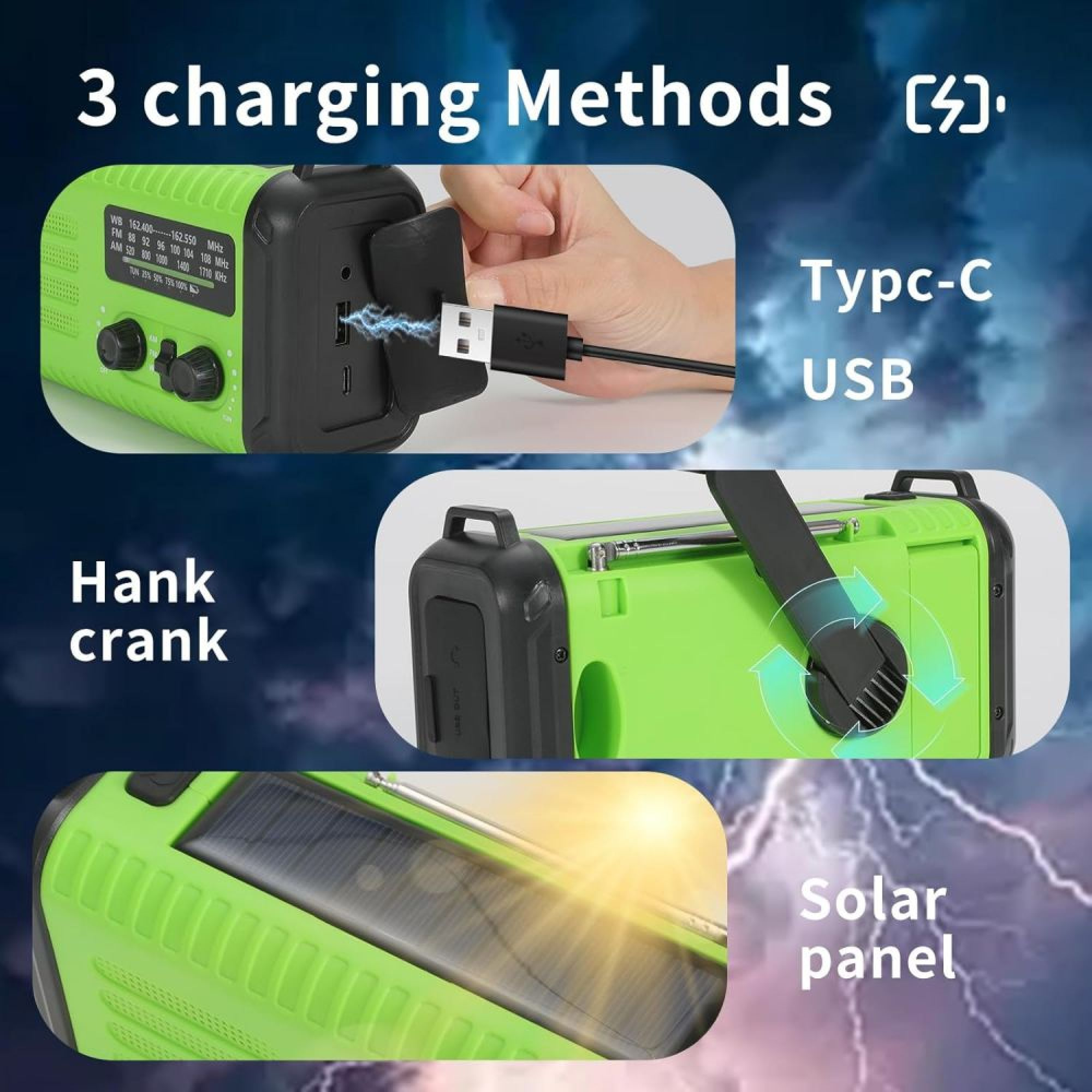 Grüne Notfall-Handkurbelradio mit drei Ladearten: Typ-C USB, Handkurbel und Solarpanel.