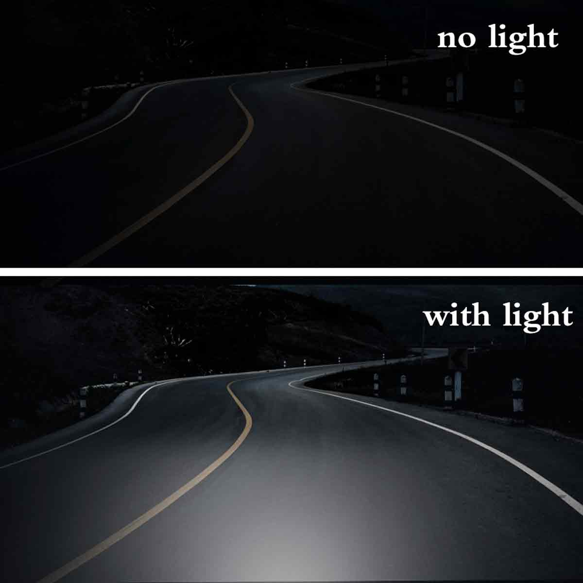 Ein Vergleichsbild einer dunklen Straße bei Nacht ohne Licht und mit heller Beleuchtung.
