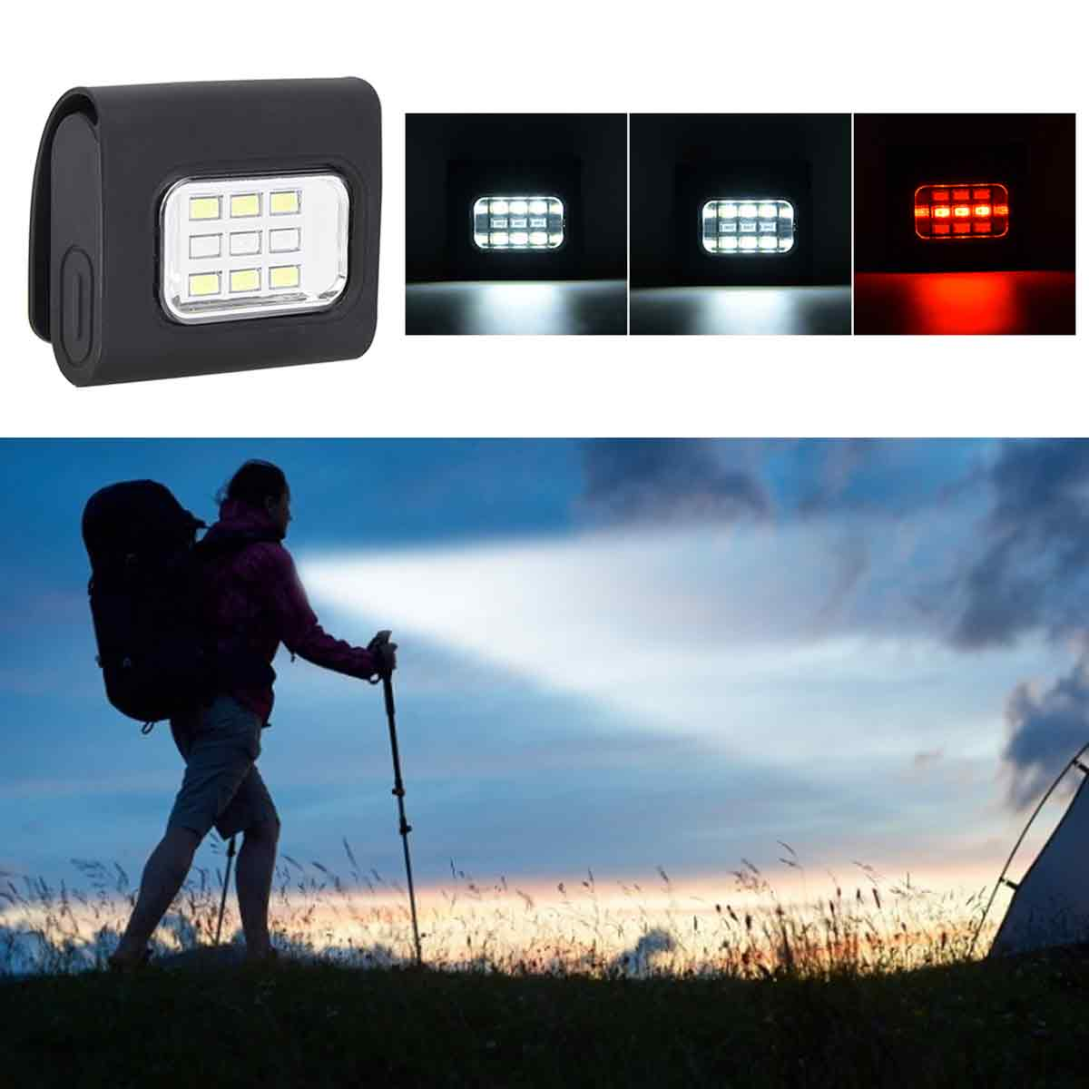 Kompakte schwarze LED-Leuchte mit verschiedenen Weiß- und Rotlichtmodi, gezeigt in Verwendung beim nächtlichen Wandern.