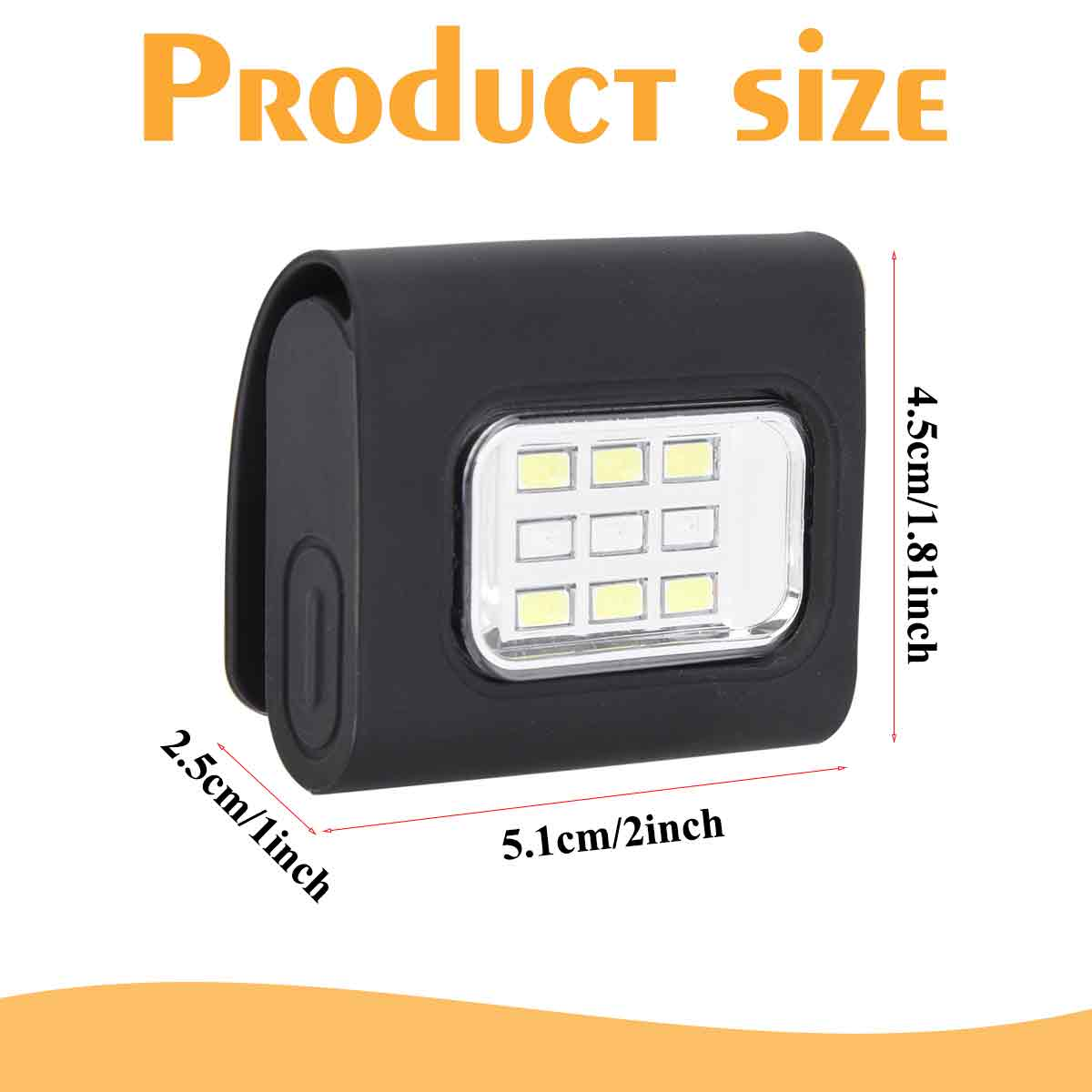 Schwarzes, rechteckiges Mini-LED-Licht mit den Maßen 5,1x4,5x2,5 cm vor weißem Hintergrund.