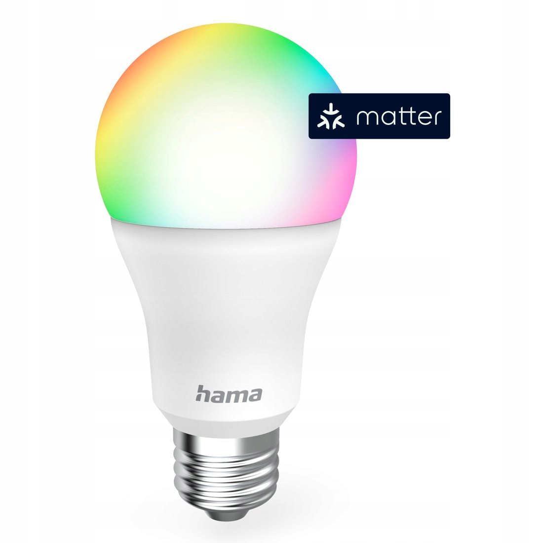 Inteligentna żarówka LED Hama z kolorowym, świecącym kloszem i logo matter na białym tle.