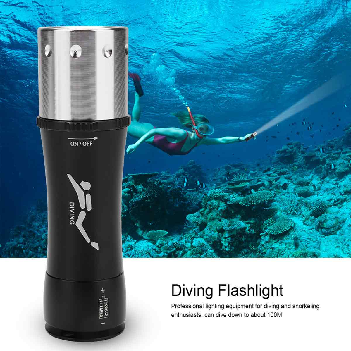 Eine schwarz-silberne Tauchlampe vor Unterwasserhintergrund mit einer Taucherin an einem Korallenriff.