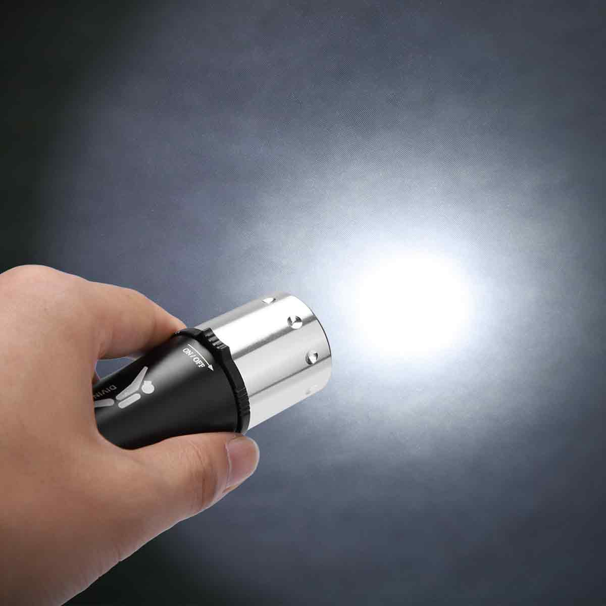 Eine Hand hält eine schwarze und silberne Taschenlampe, die einen hellen Lichtstrahl in die Dunkelheit wirft.