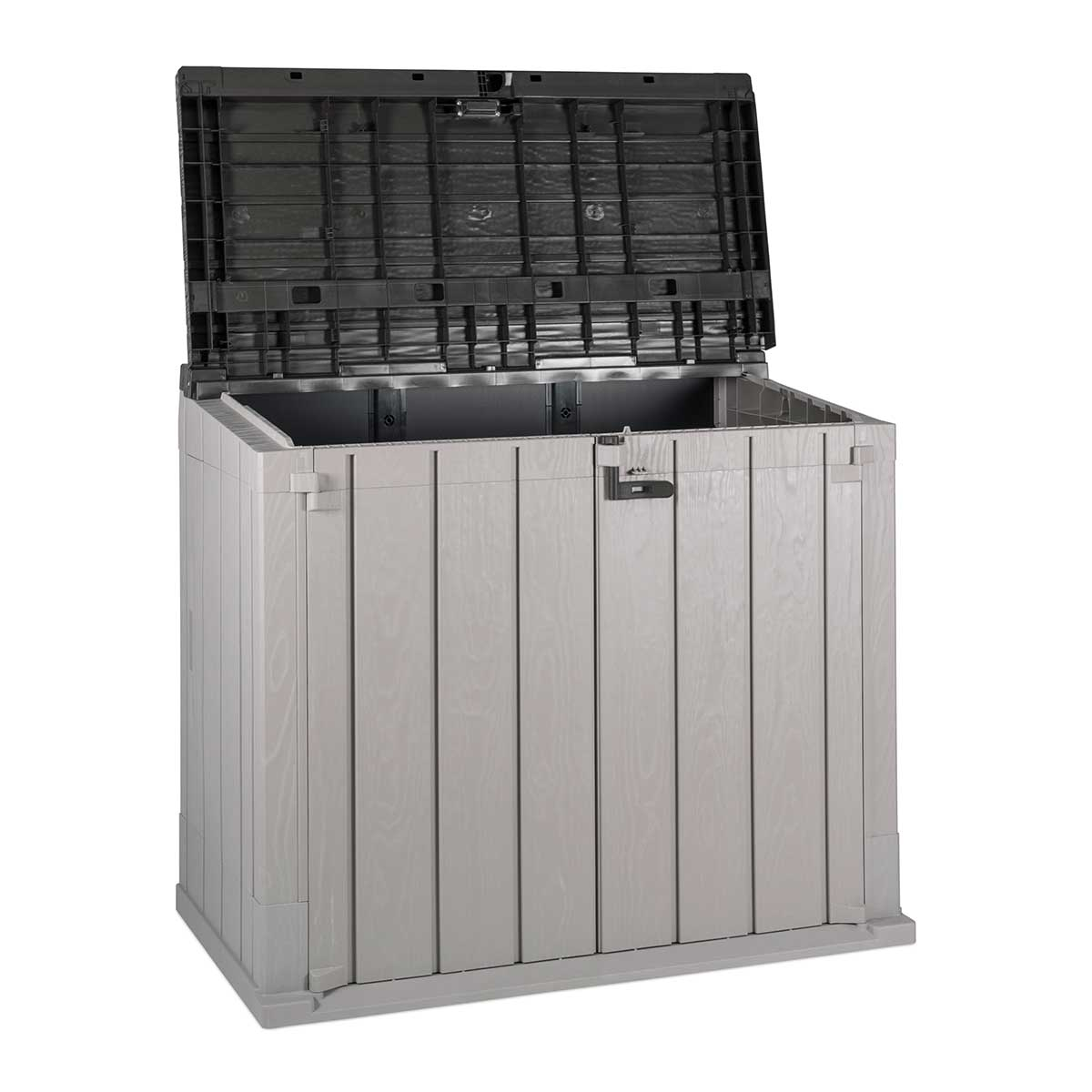 A grey plastic storage box with an open black lid against a white background.