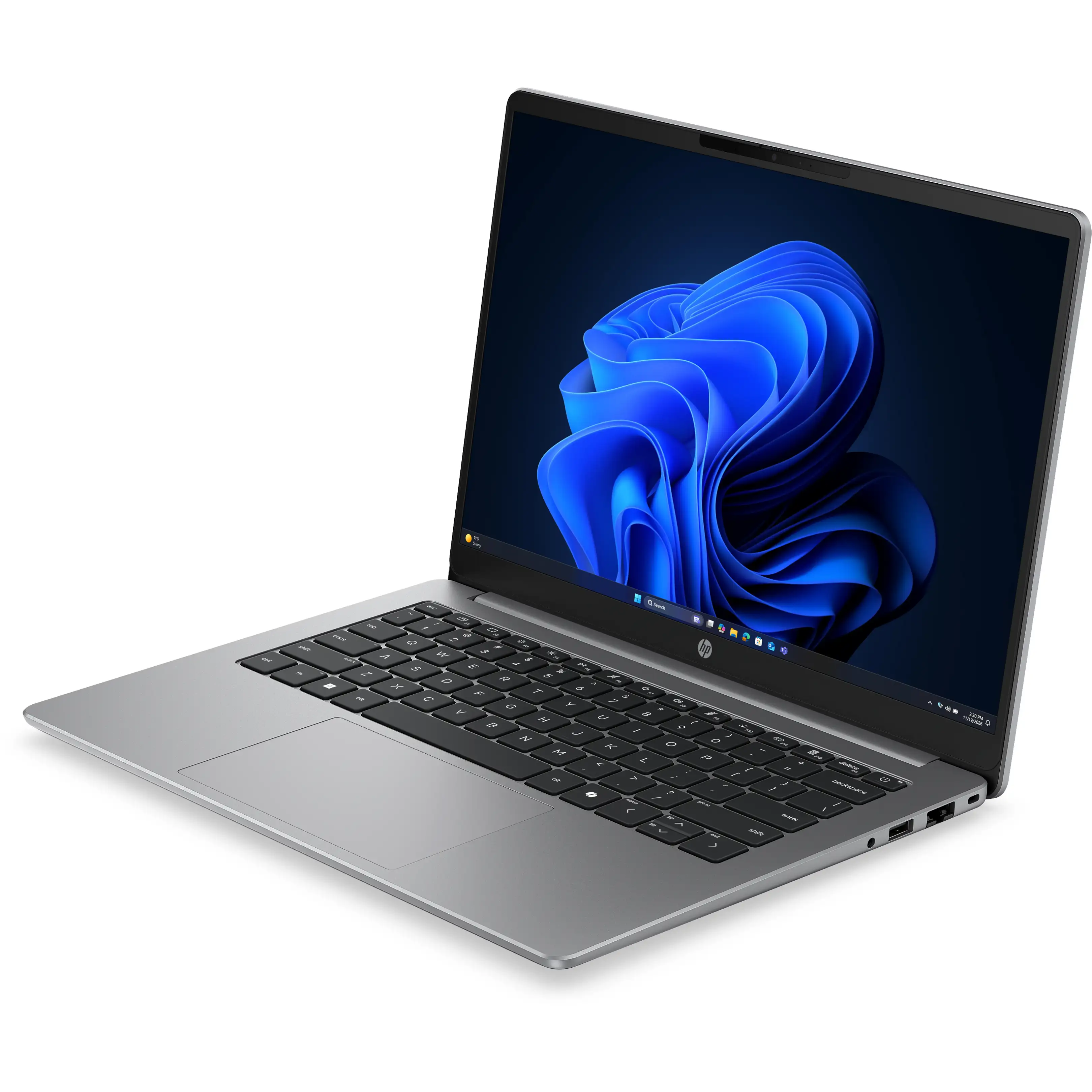 Un computer portatile HP argento posizionato in obliquo su sfondo bianco mostra uno sfondo a onde blu.
