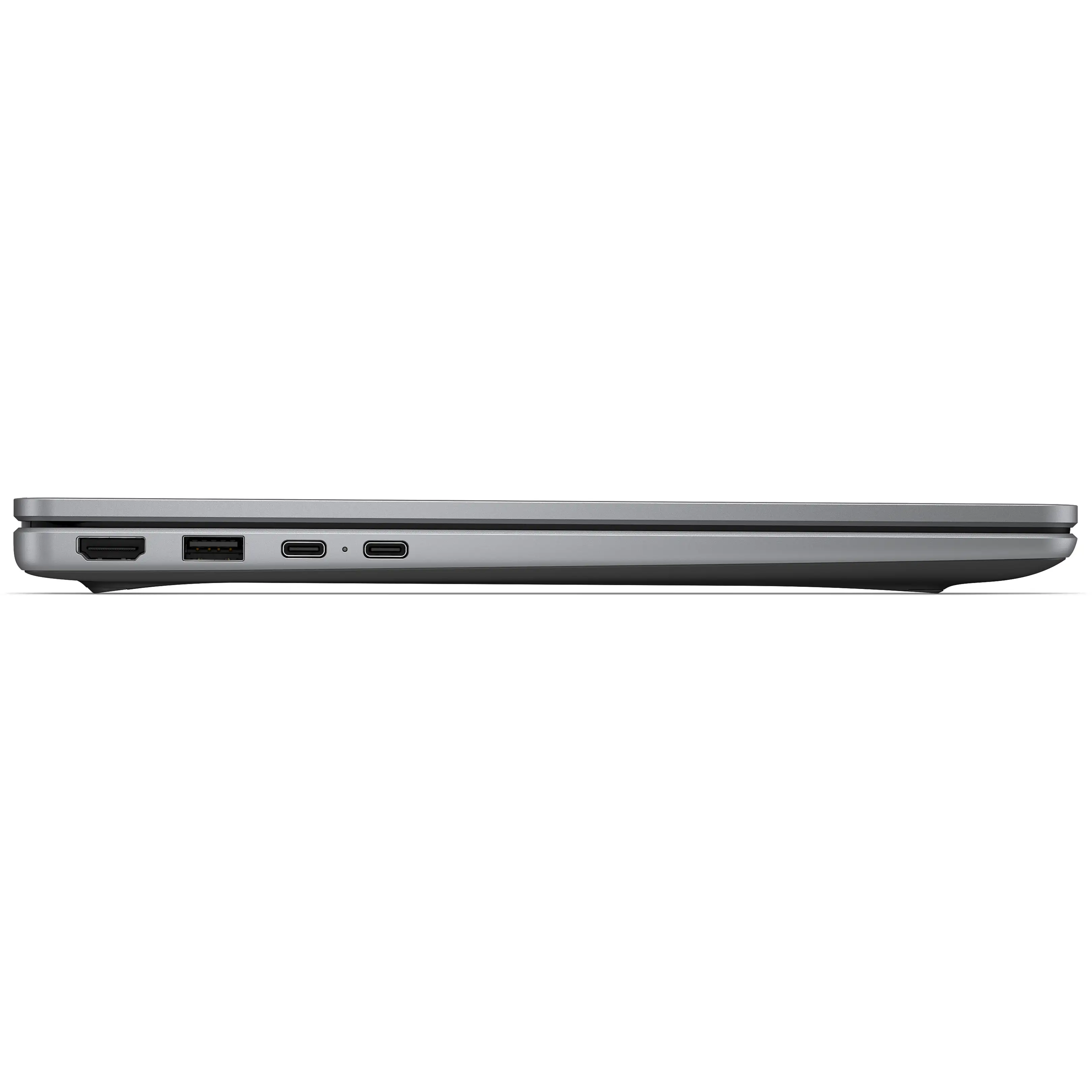Lato sinistro di un laptop grigio con porte HDMI, USB e due porte USB-C.