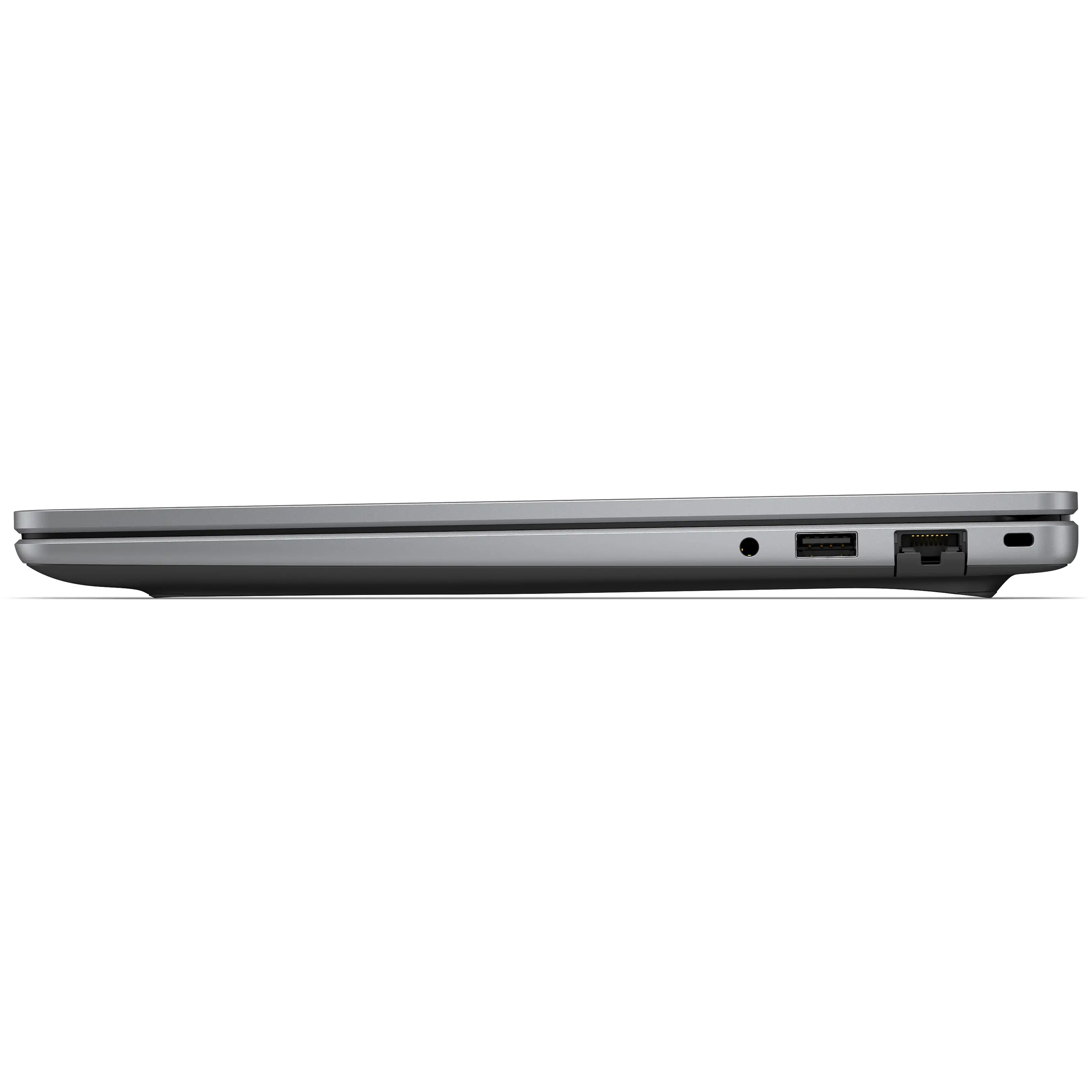 Lato sinistro di un laptop grigio chiuso con jack audio, porta USB, porta ethernet e slot di sicurezza.