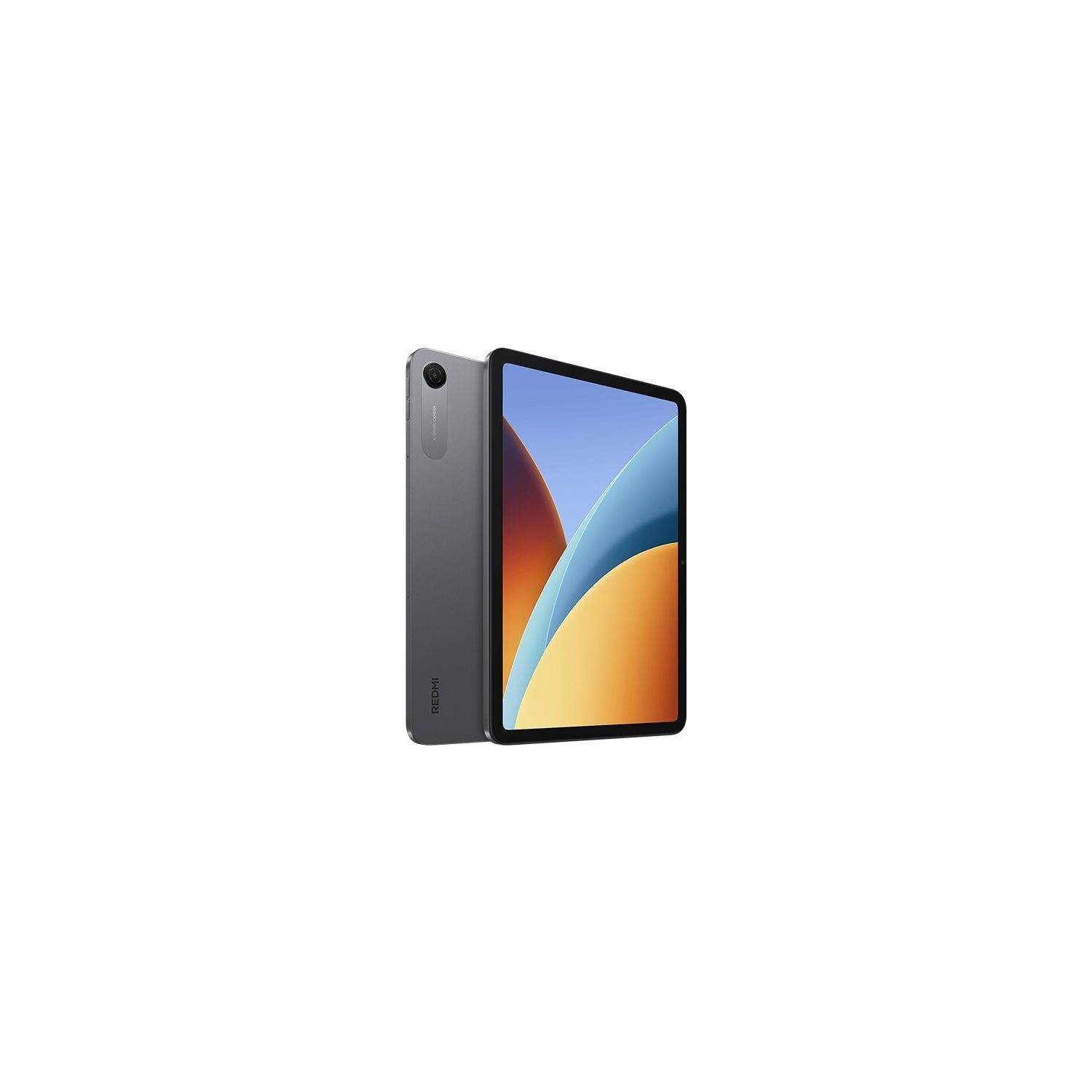 Beyaz arka planda ekranda soyut renkli duvar kağıdı olan gri Xiaomi Redmi tablet.