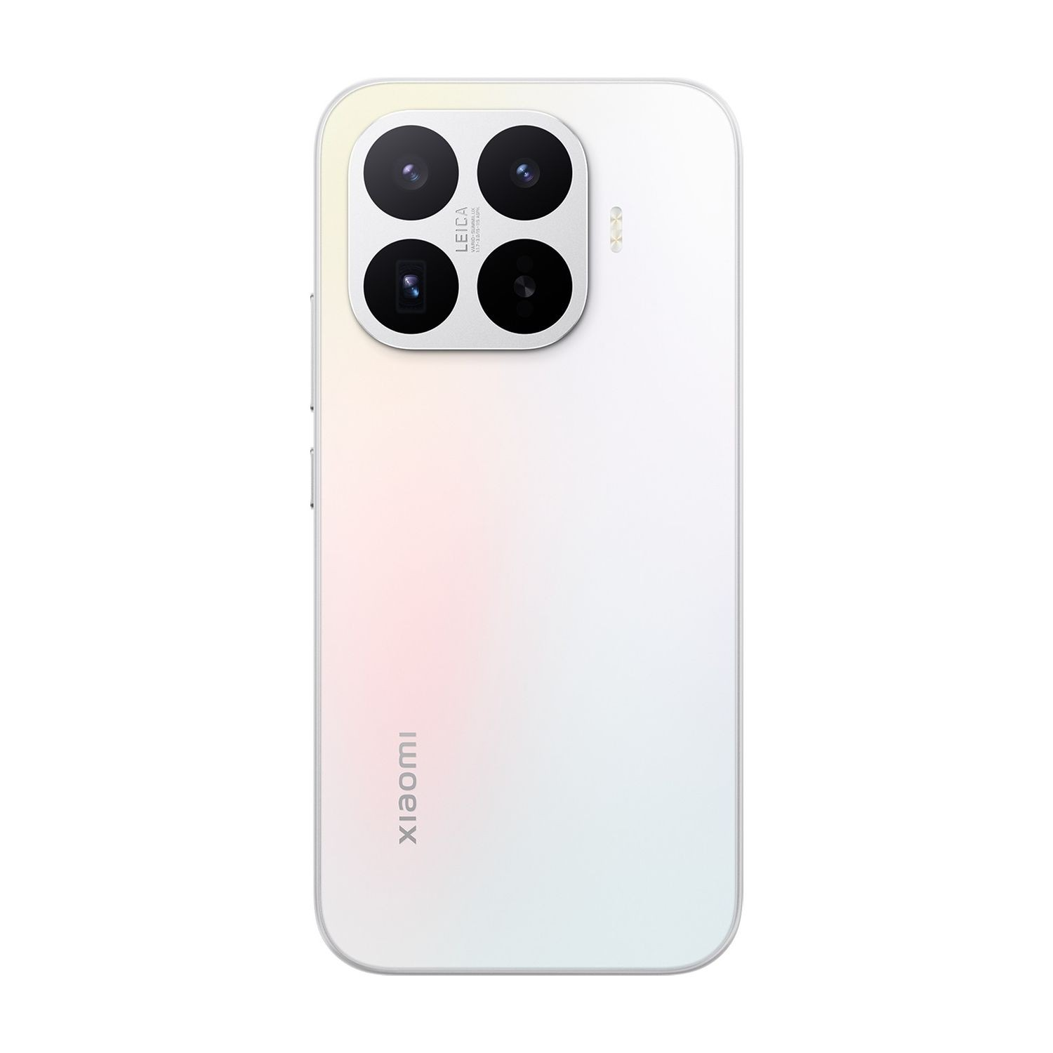Dört lensli kare kamera modülüne ve altta Xiaomi logosuna sahip beyaz akıllı telefonun arka yüzü.