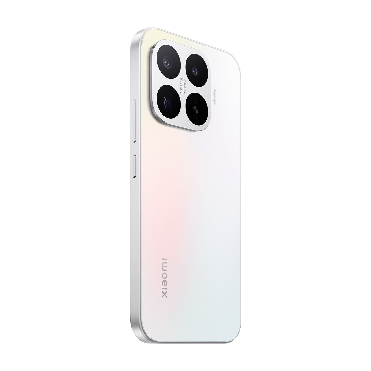 Dört lensli kare kamera modülü ve Leica markası olan arka planı beyaz bir Xiaomi akıllı telefon.