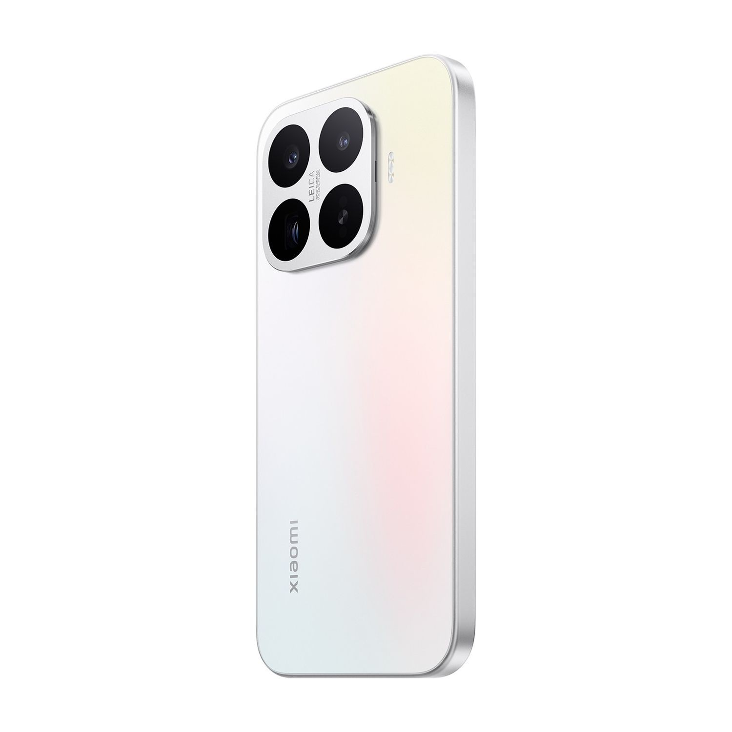 Açık arka planda dört kamera lensi ve Xiaomi logosu olan beyaz bir akıllı telefonun arkası.
