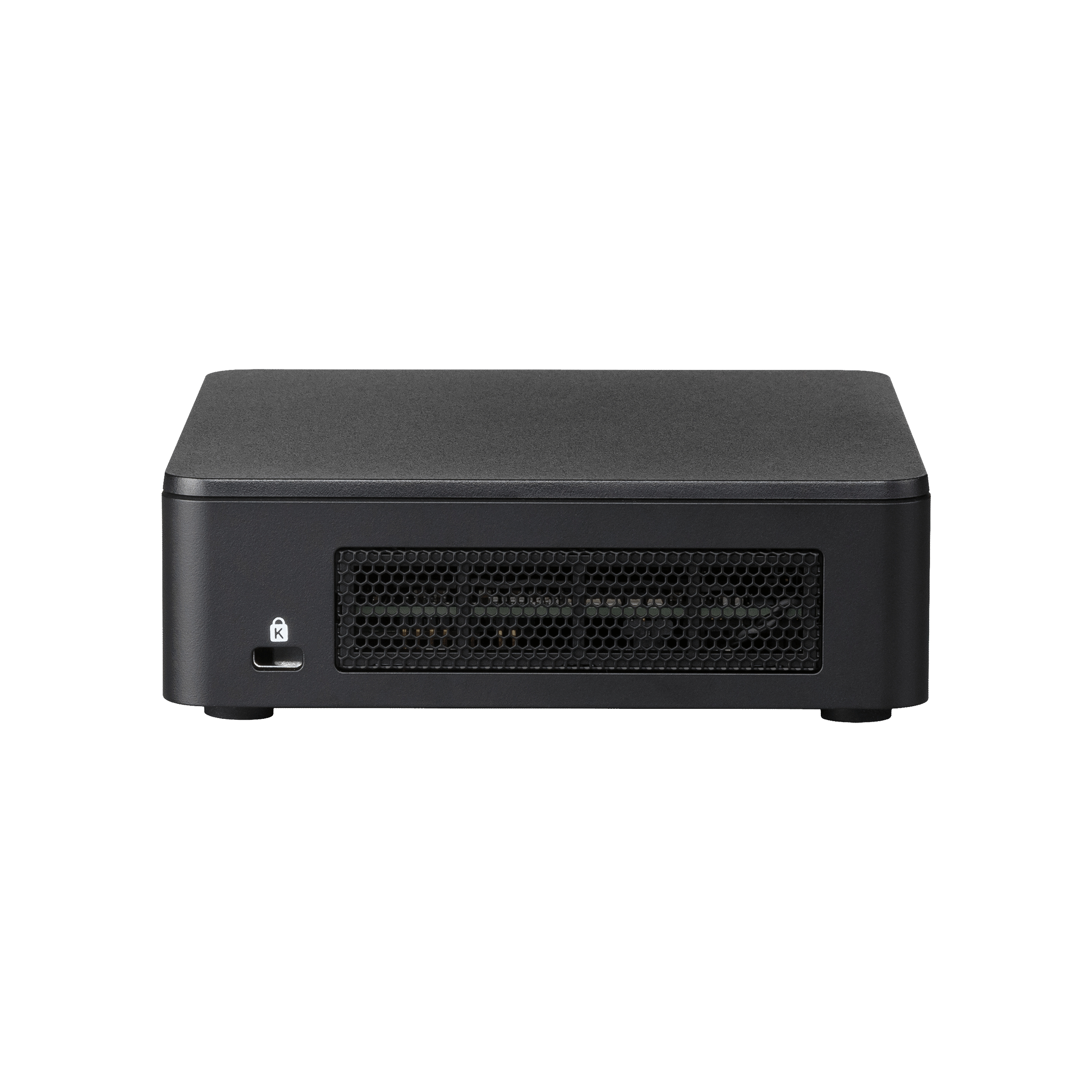 Mini PC nero compatto dal design rettangolare, con griglia di ventilazione anteriore e slot di sicurezza.
