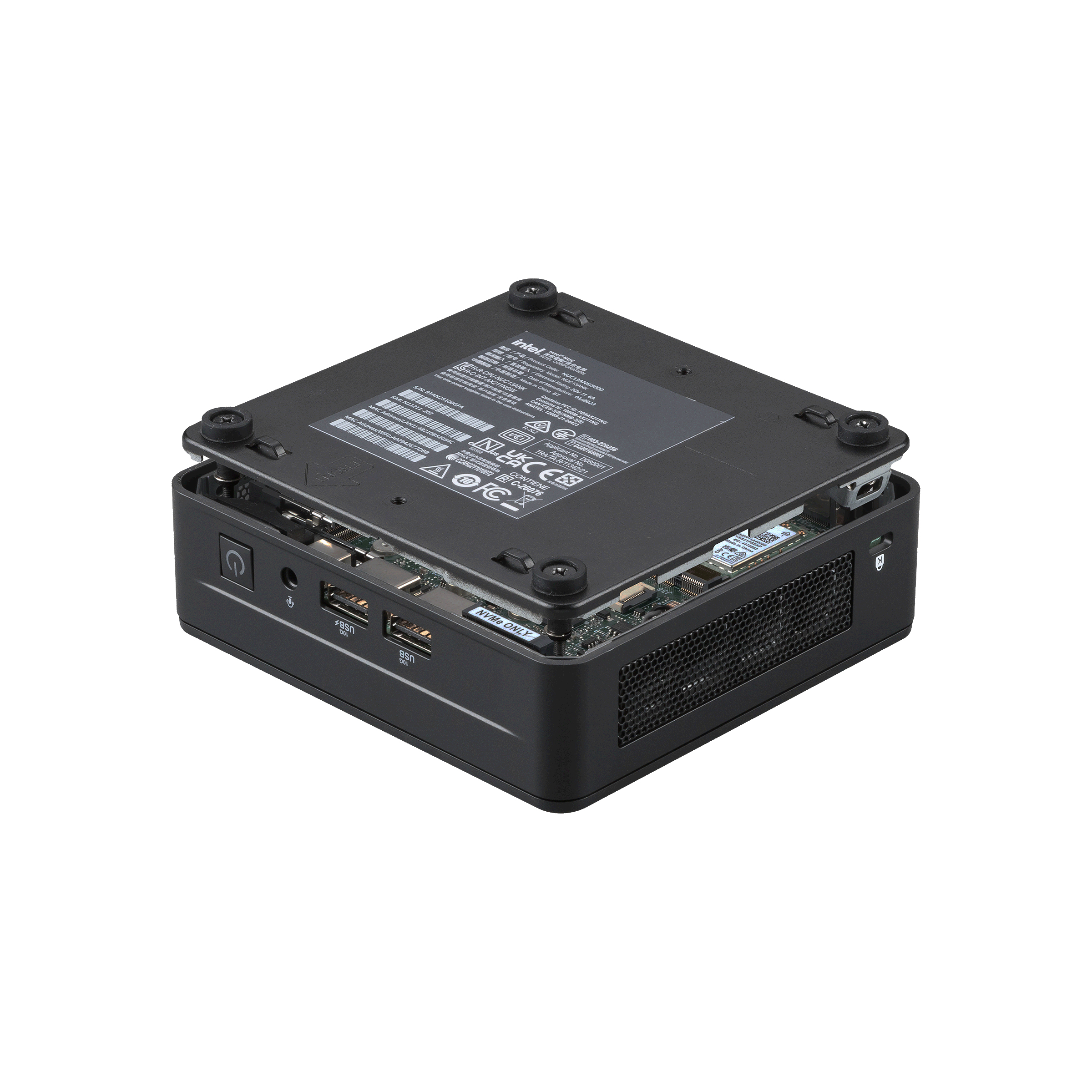 Un mini PC nero con involucro parzialmente aperto, che mostra componenti interni ed etichette su sfondo bianco.
