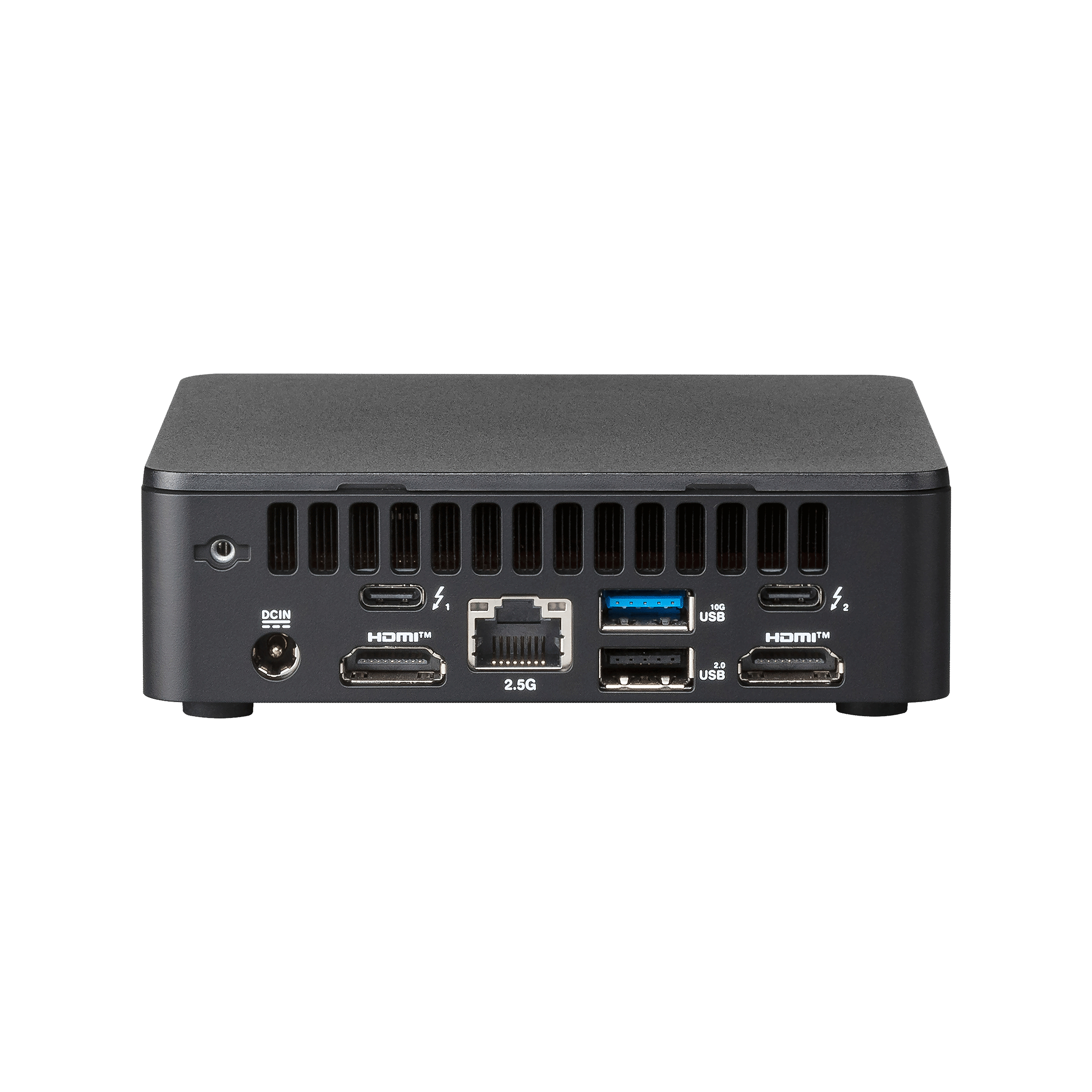 Pannello posteriore di un mini PC nero con porte HDMI, USB, Ethernet e feritoie di ventilazione.