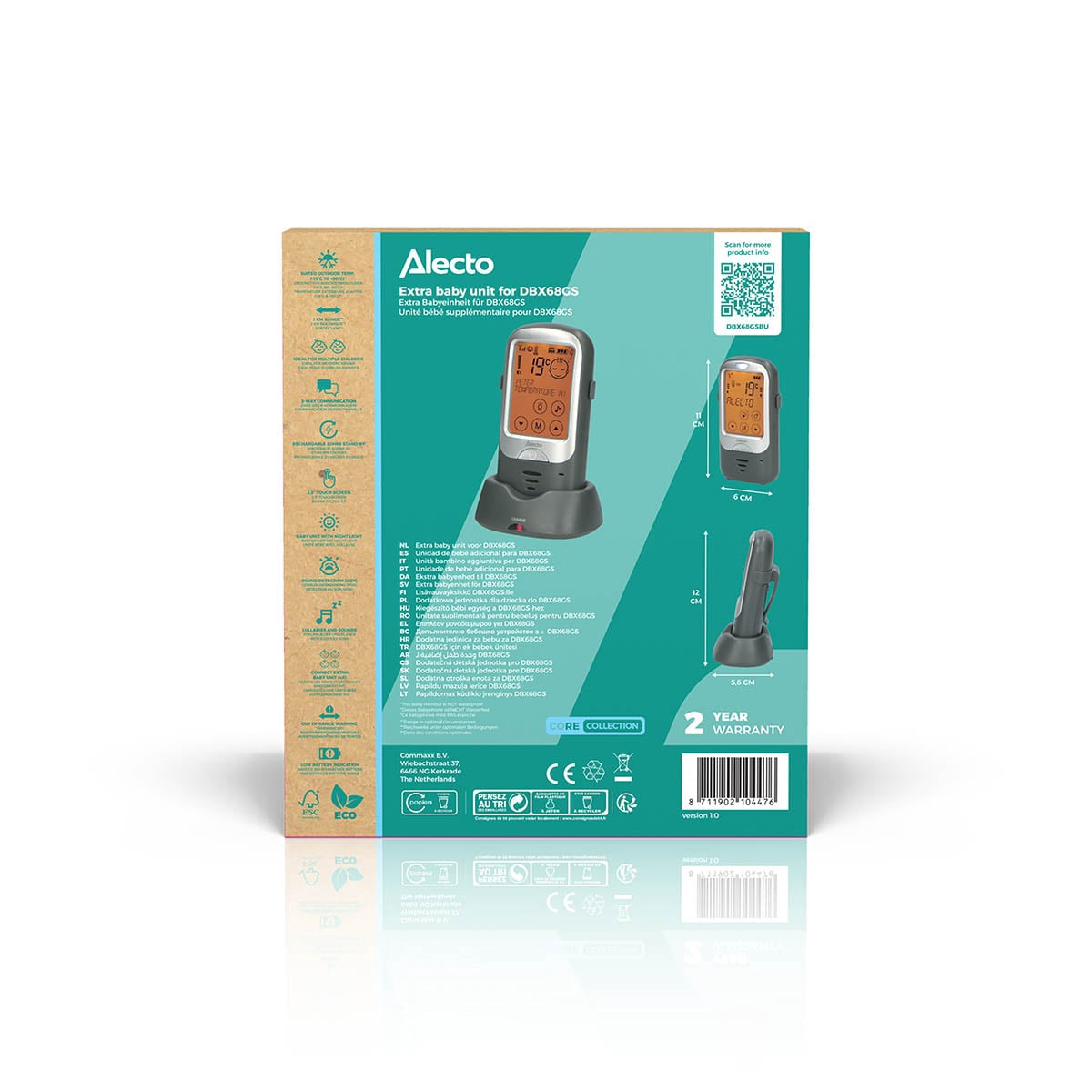 Retro della confezione del baby monitor Alecto DBX68GS con immagini, dimensioni e specifiche.