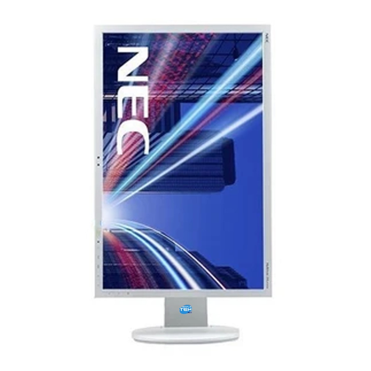 Un monitor bianco NEC mostra un'immagine blu con scie di luce e il marchio.